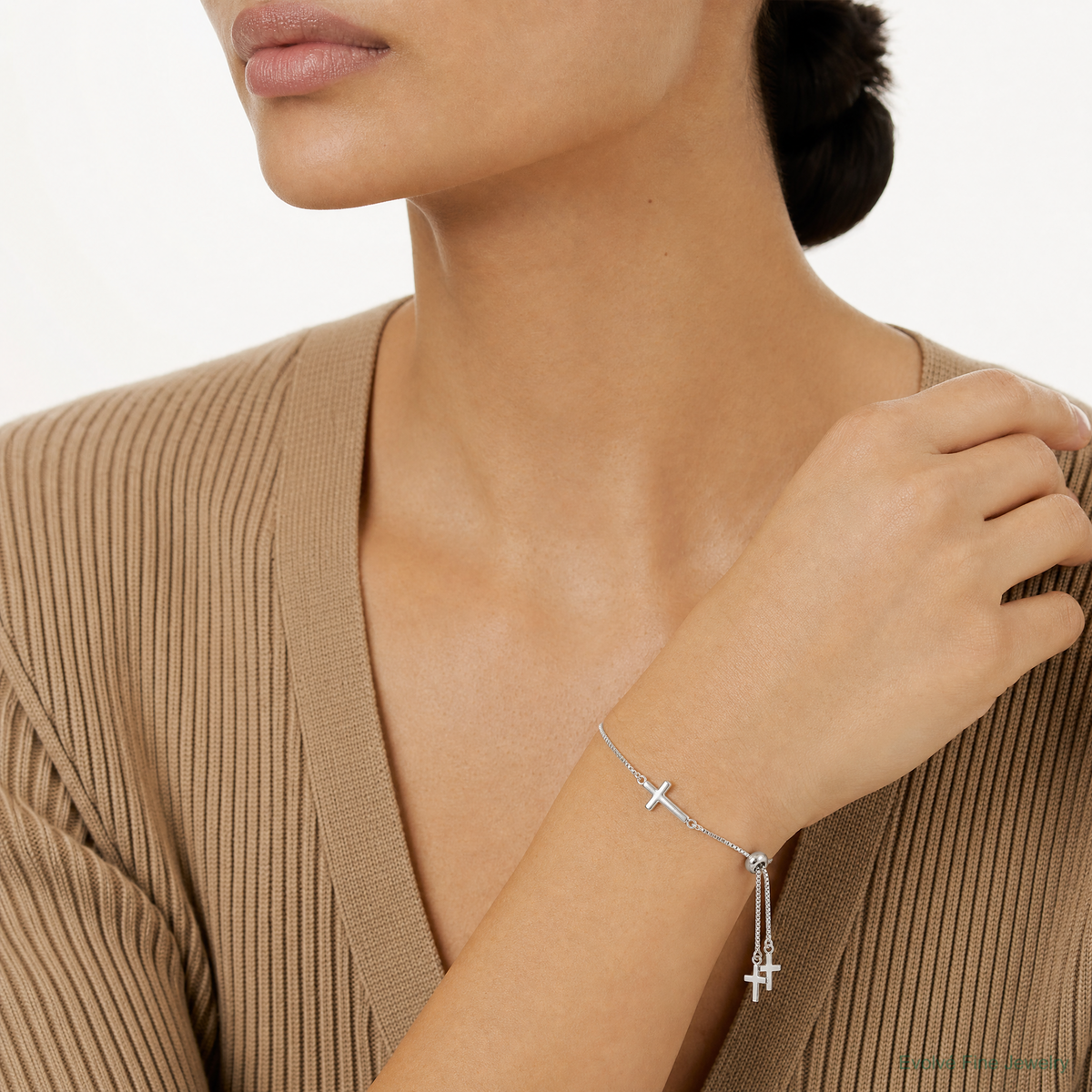 Sterling Silver Polished Cross Adjustable Bracelet - Model Shot