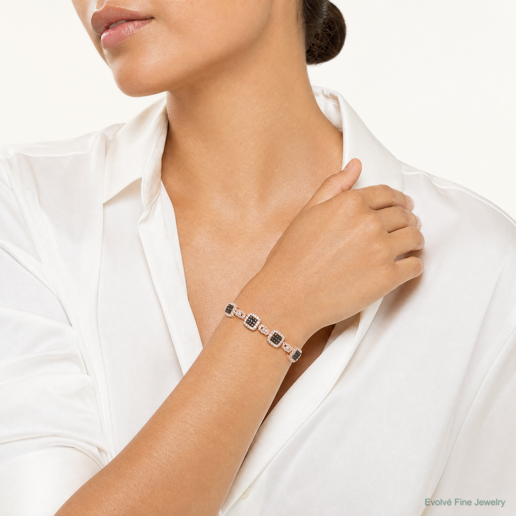 Sterling Silver Rose-tone Black Rhodium-plate Fancy CZ Adjustable Bracelet - Model Shot