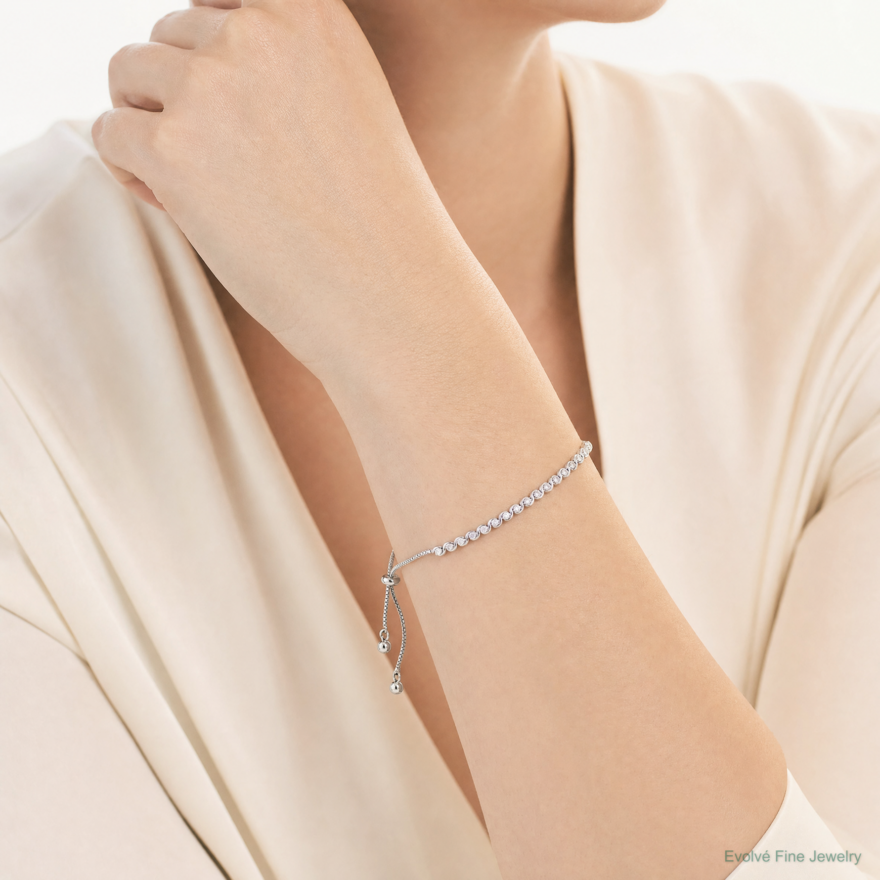 Sterling Silver Polished Rhodium-plated CZ Adjustable Bracelet - Model Shot