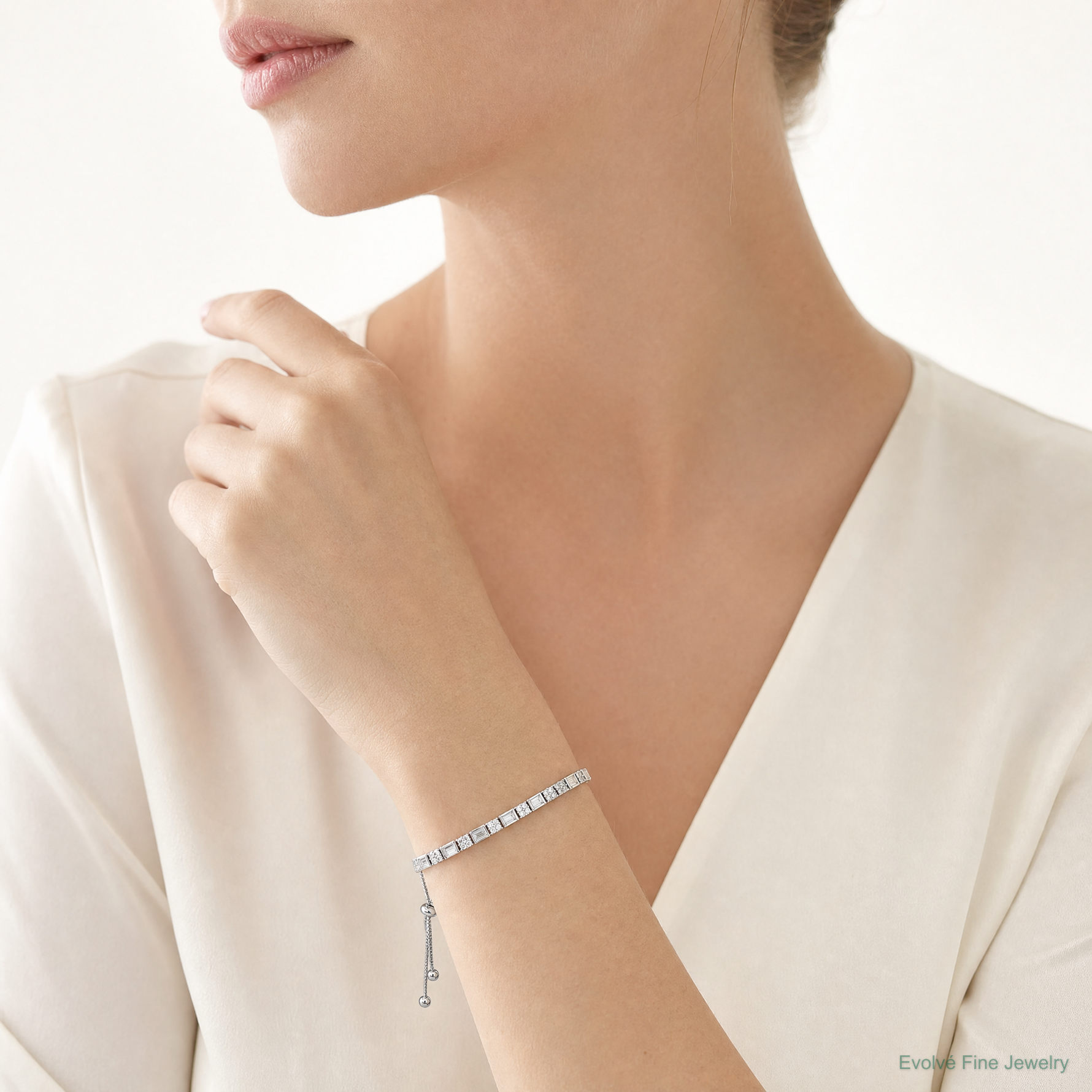 Sterling Silver Polished Rhodium-plated CZ Adjustable Bracelet - Model Shot