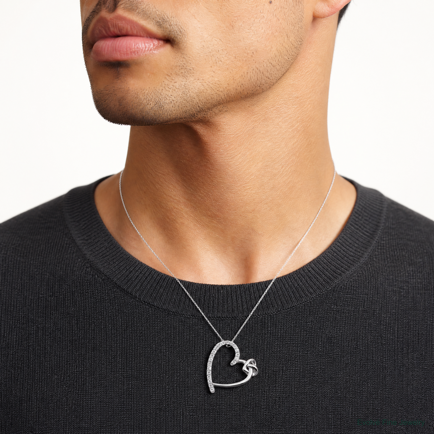 Sterling Silver Polished Rhodium-plated CZ Heart 18in Necklace - Model Shot