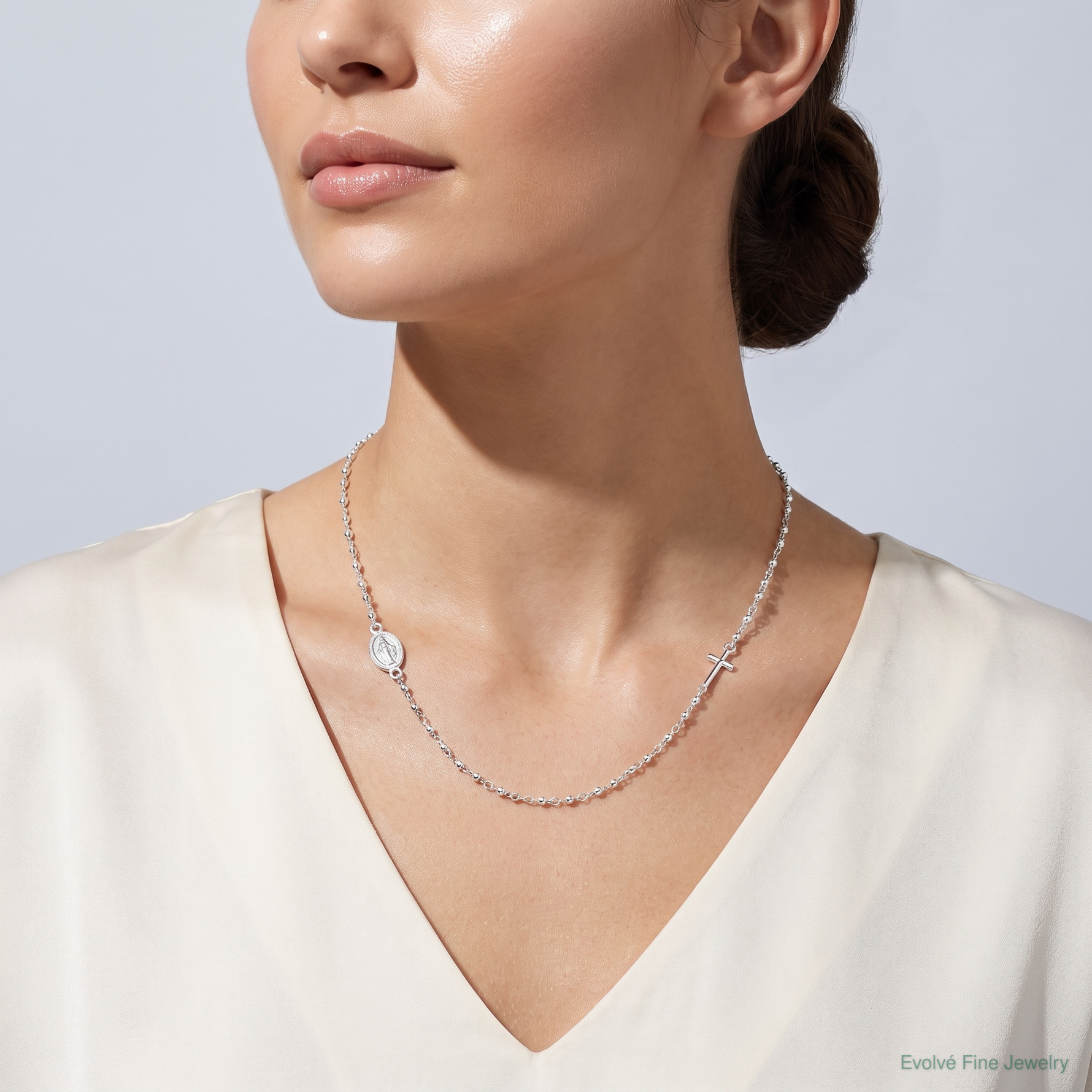 Sterling Silver Medal/Cross w/1.5in ext. Rosary Necklace - Model Shot