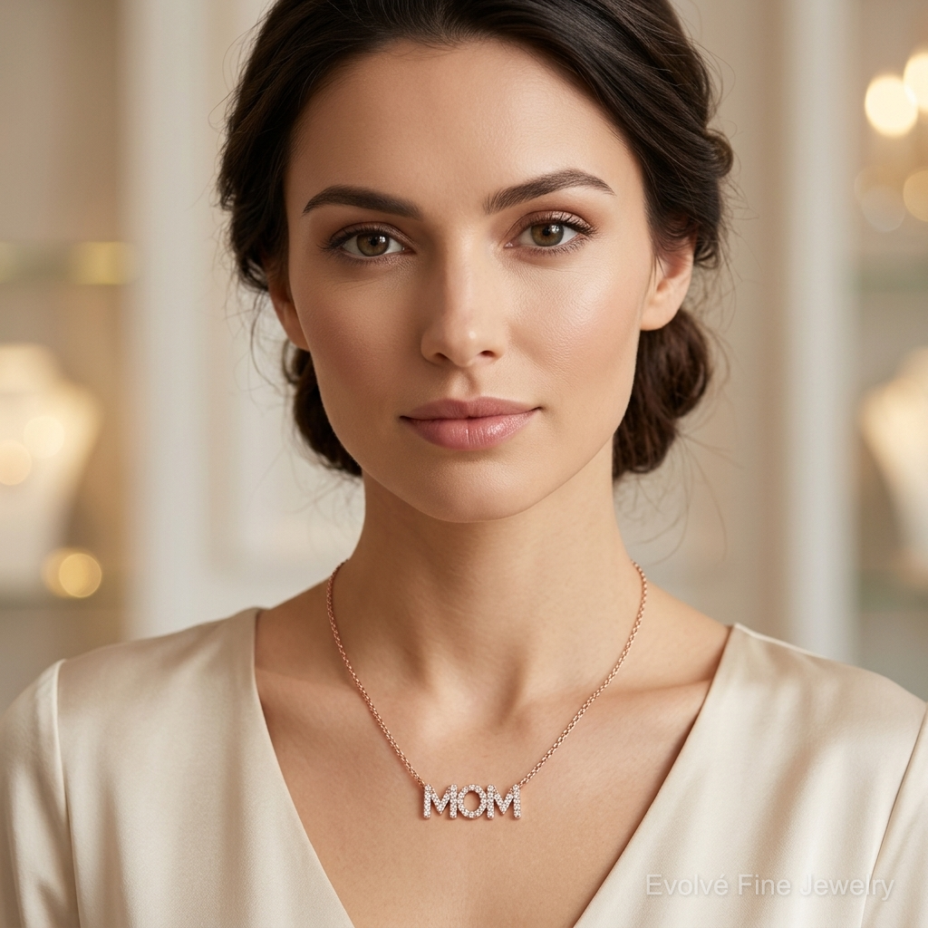 Sterling Silver Polished Rose-tone CZ MOM 18in Necklace - Model Shot