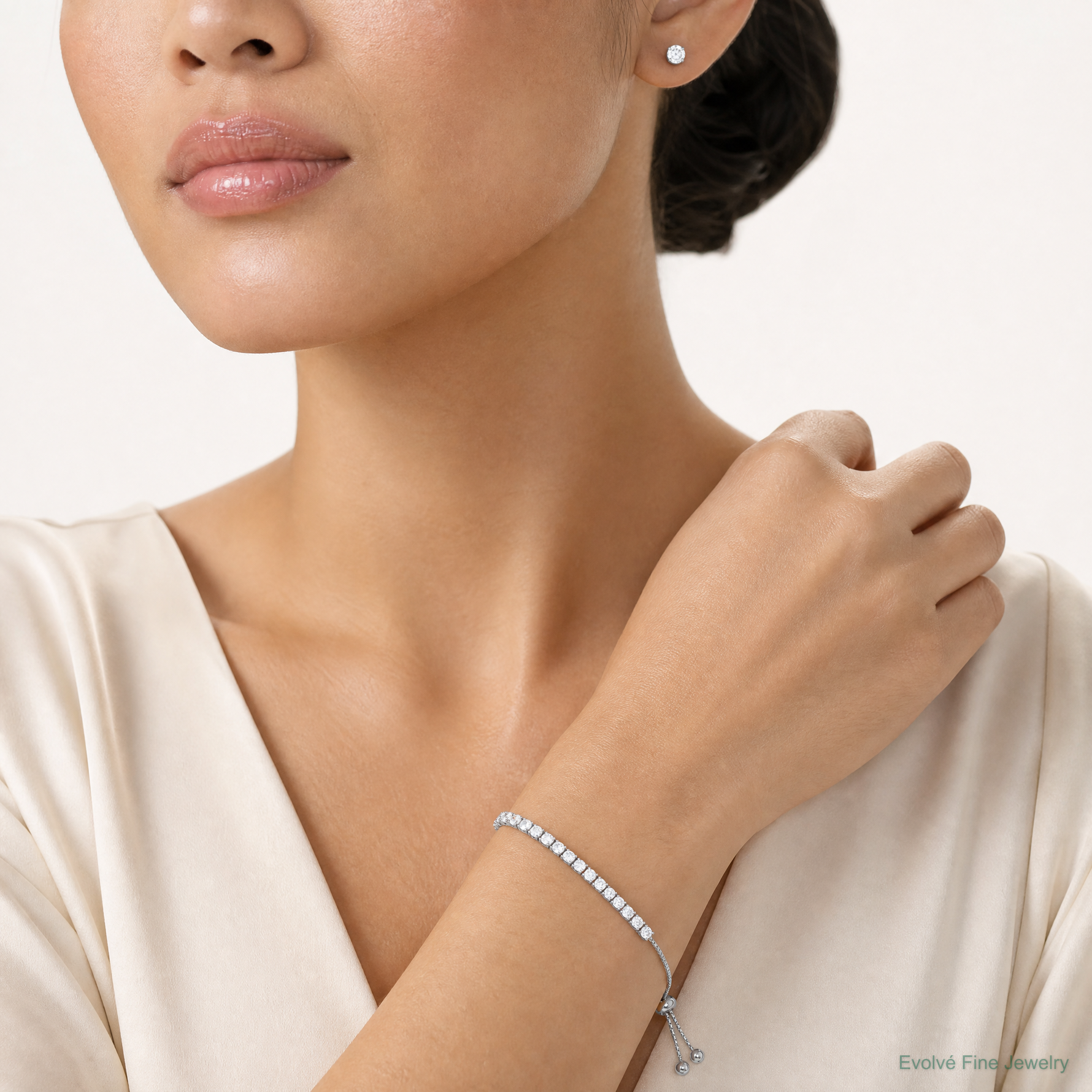 Sterling Silver Rhodium-plated CZ Adjustable Bracelet and Post Earring Set - Model Shot