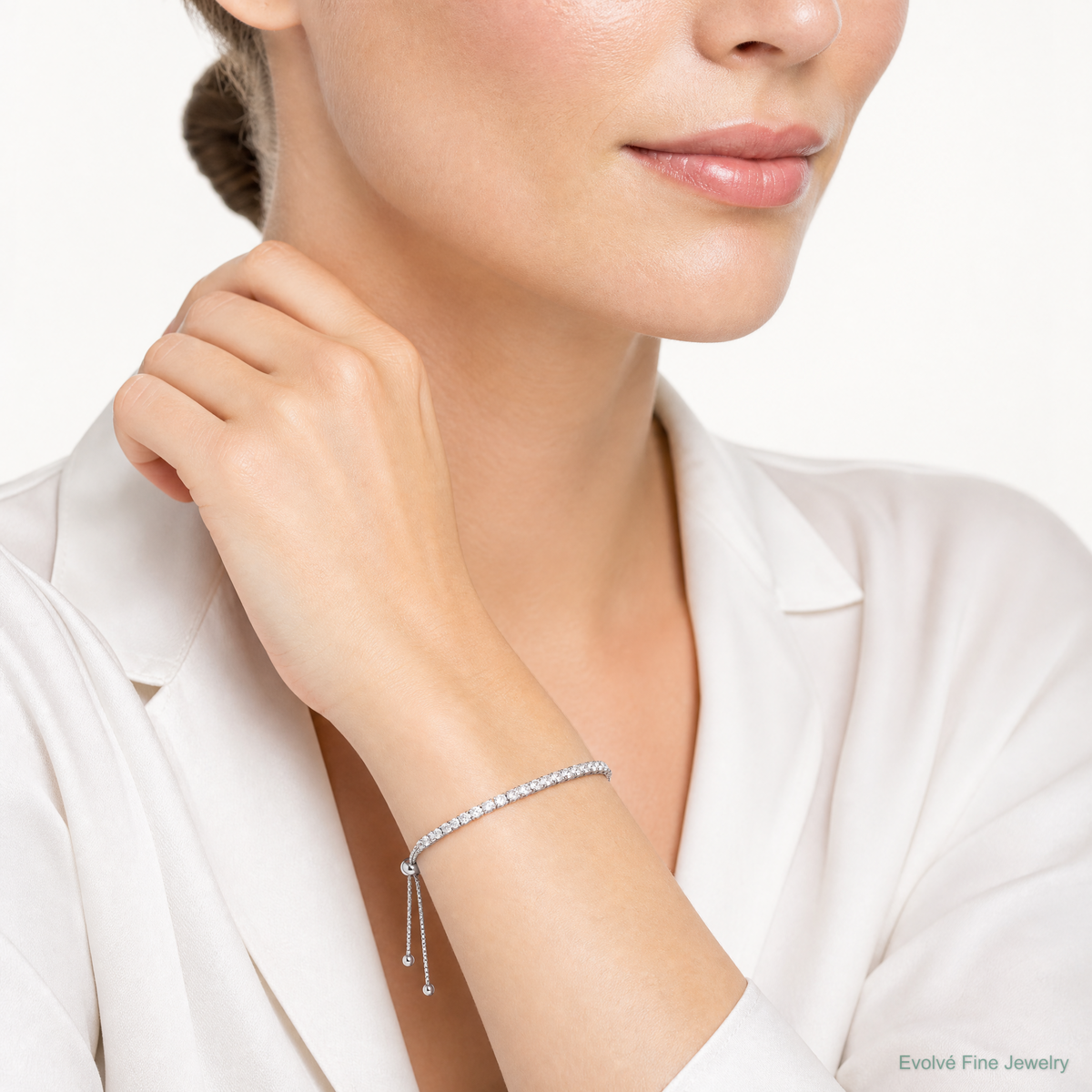 Sterling Silver Rhodium-plated Polished CZ Adjustable Tennis Bracelet - Model Shot