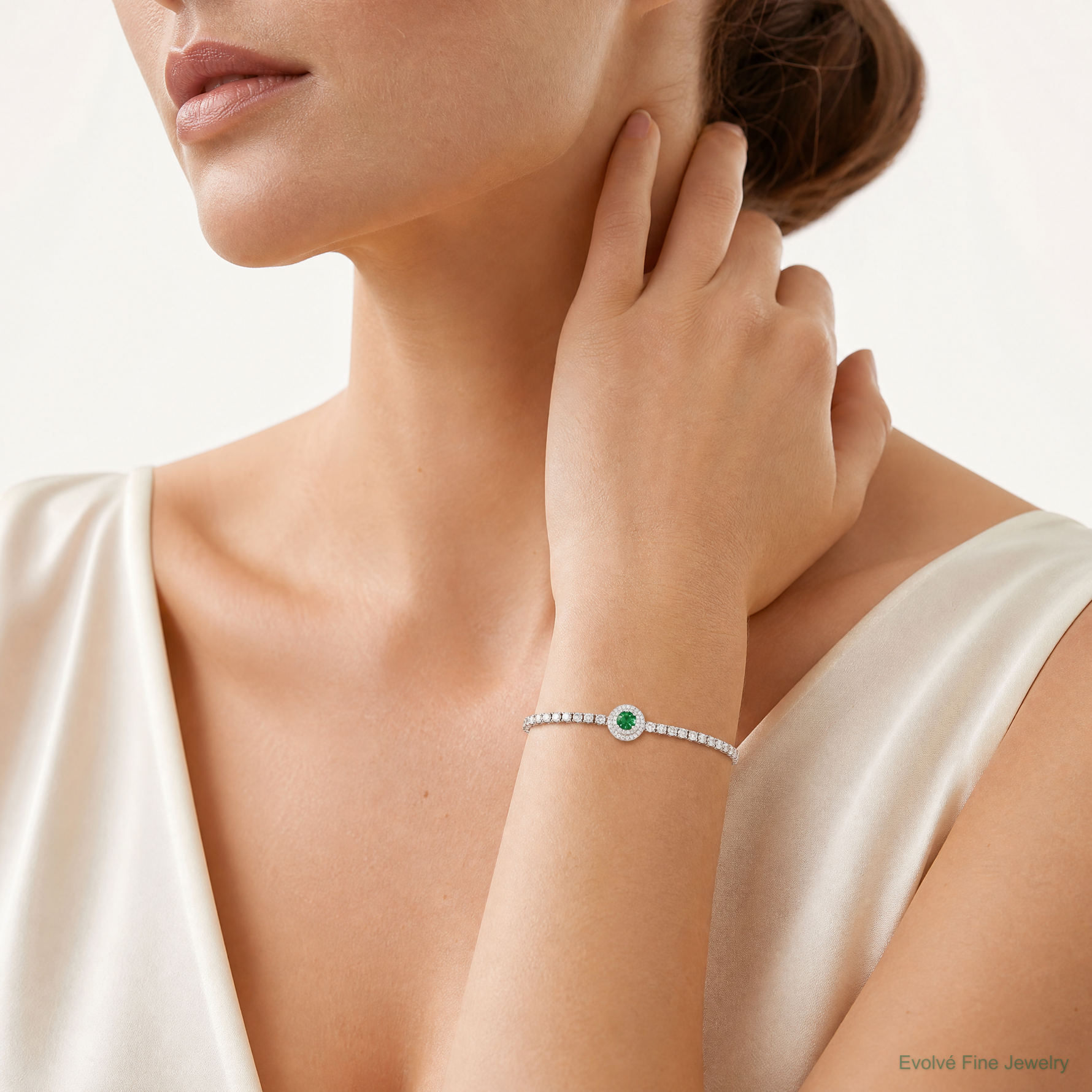 Sterling Silver Rhodium-plated CZ and Green Glass Adjustable Bracelet - Model Shot