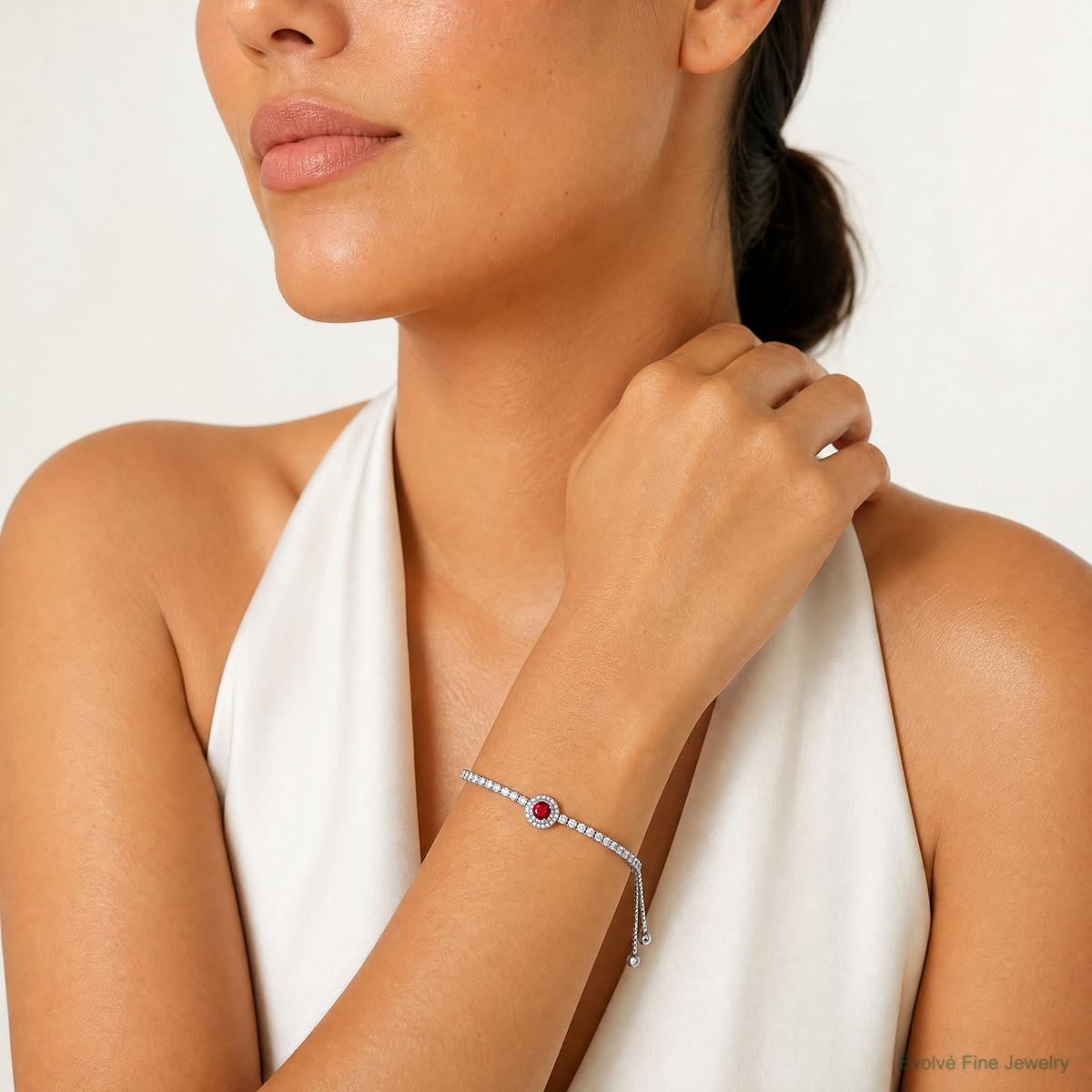 Sterling Silver Rhodium-plated CZ and Red Glass Adjustable Bracelet - Model Shot