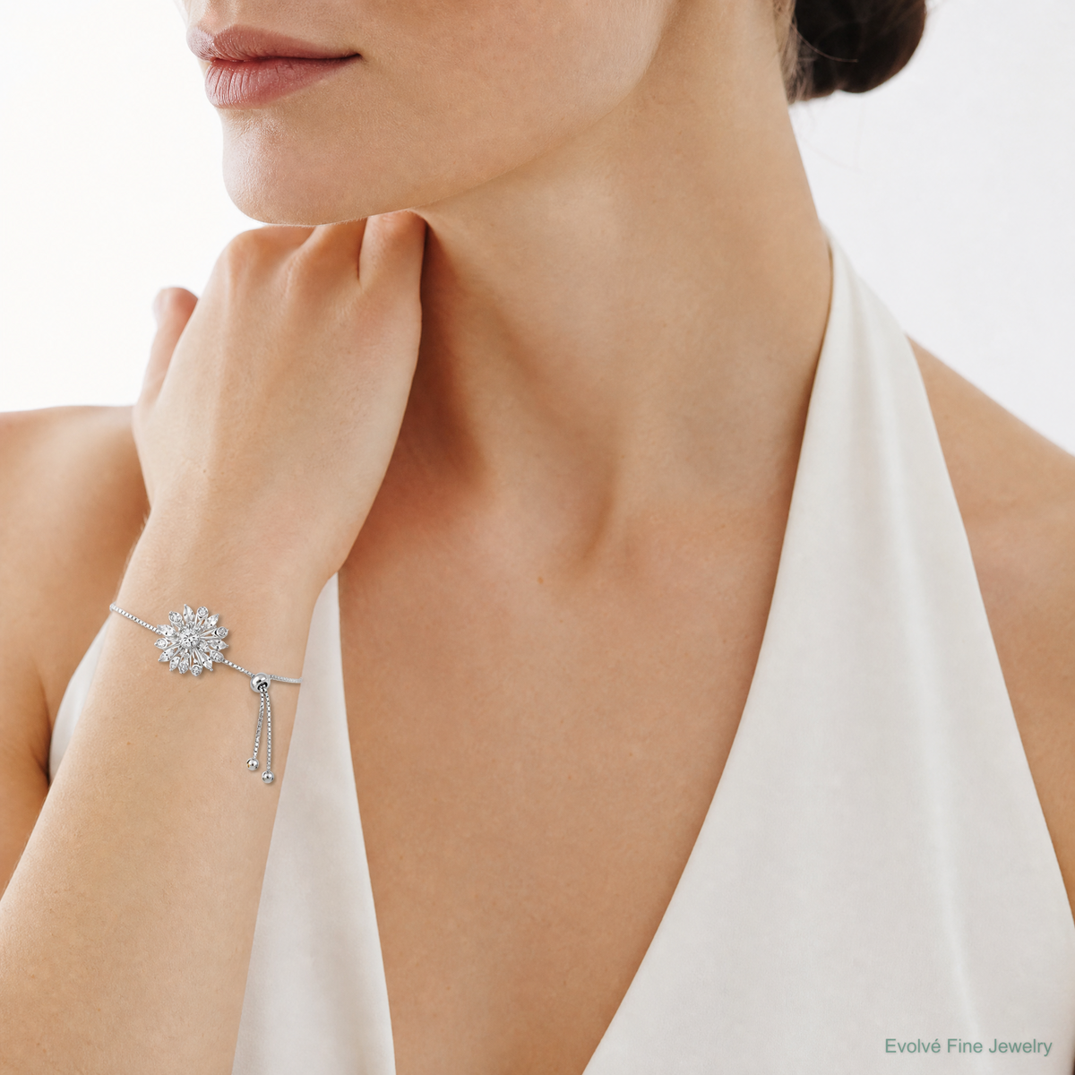 Sterling Silver Rhodium-plated Floral CZ Adjustable Bolo Bracelet - Model Shot