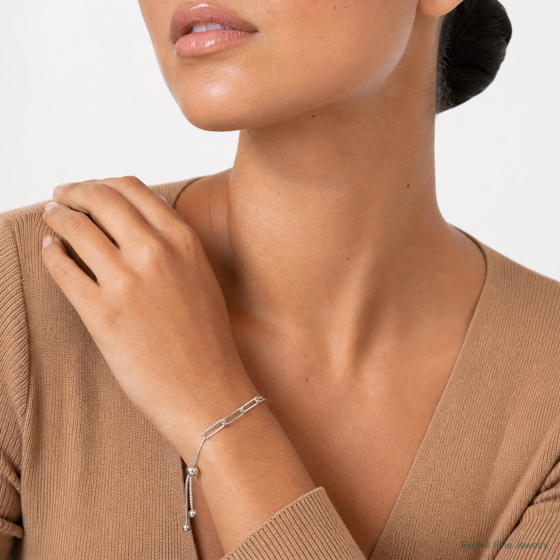 Sterling Silver Polished Paperclip Link Adjustable Bracelet - Model Shot