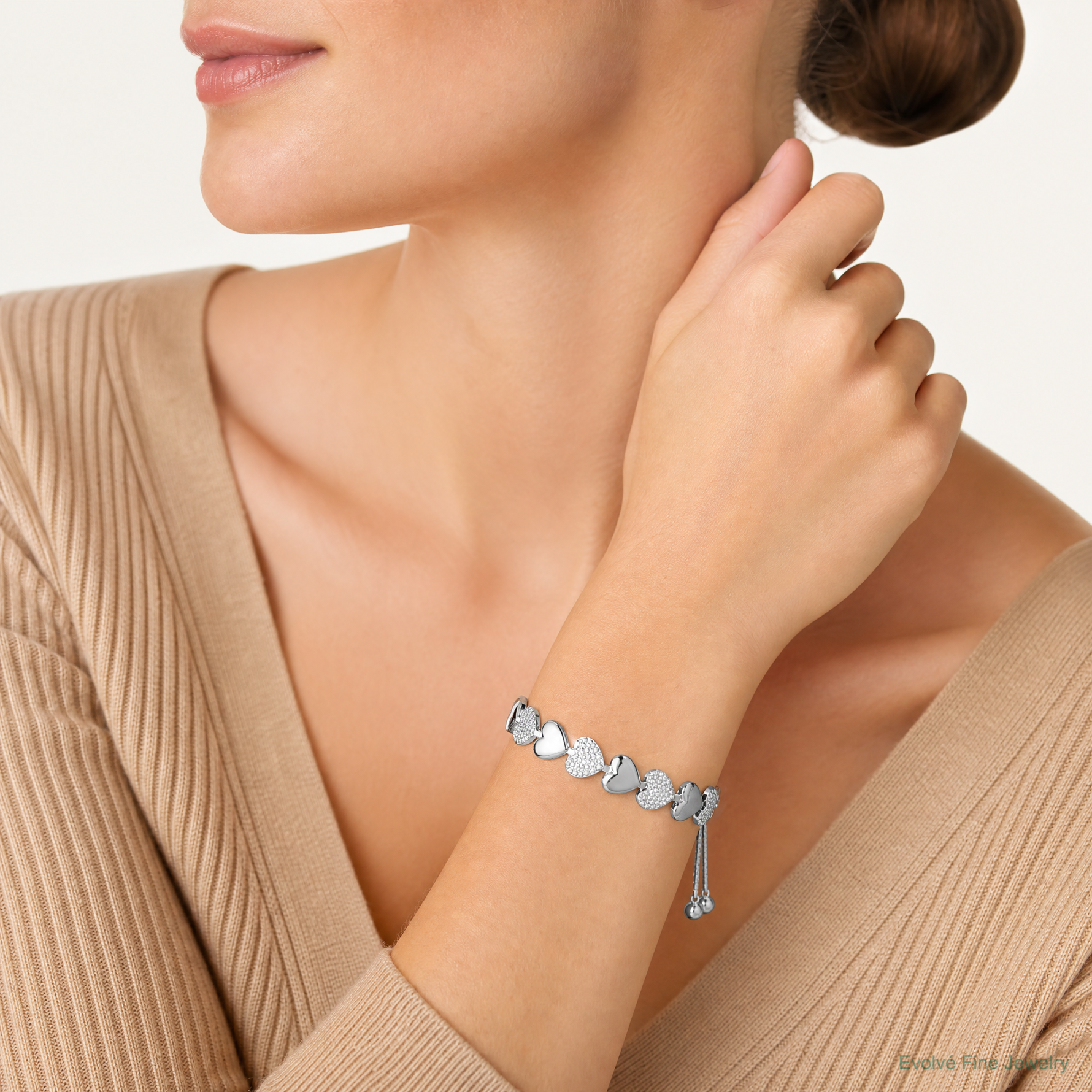 Sterling Silver Rhodium-plated Adjustable Bolo Hearts Bracelet - Model Shot