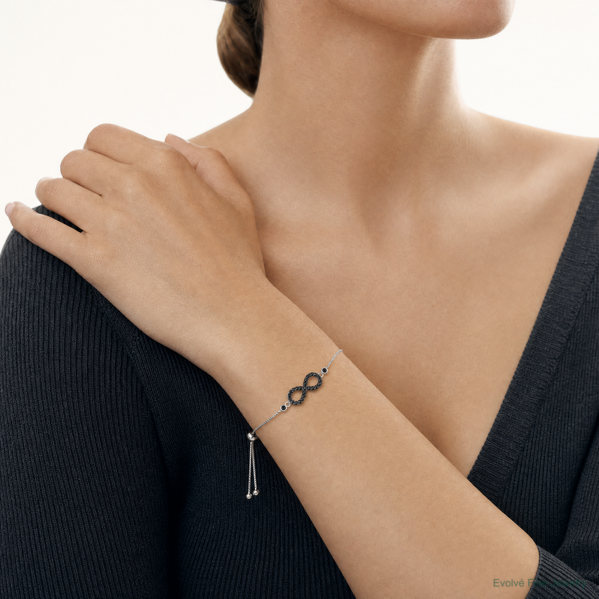 Sterling Silver Rhodium-plated Black Spinel Infinity Symbol Adjustable Brac - Model Shot