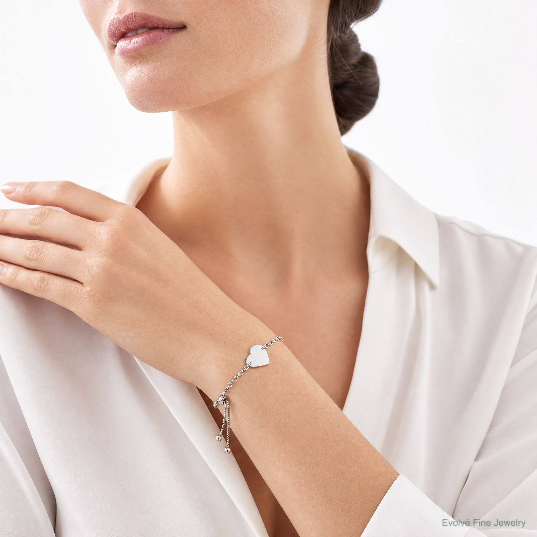 Sterling Silver Rhodium-plated Polished Heart Disc Adjustable Bracelet - Model Shot