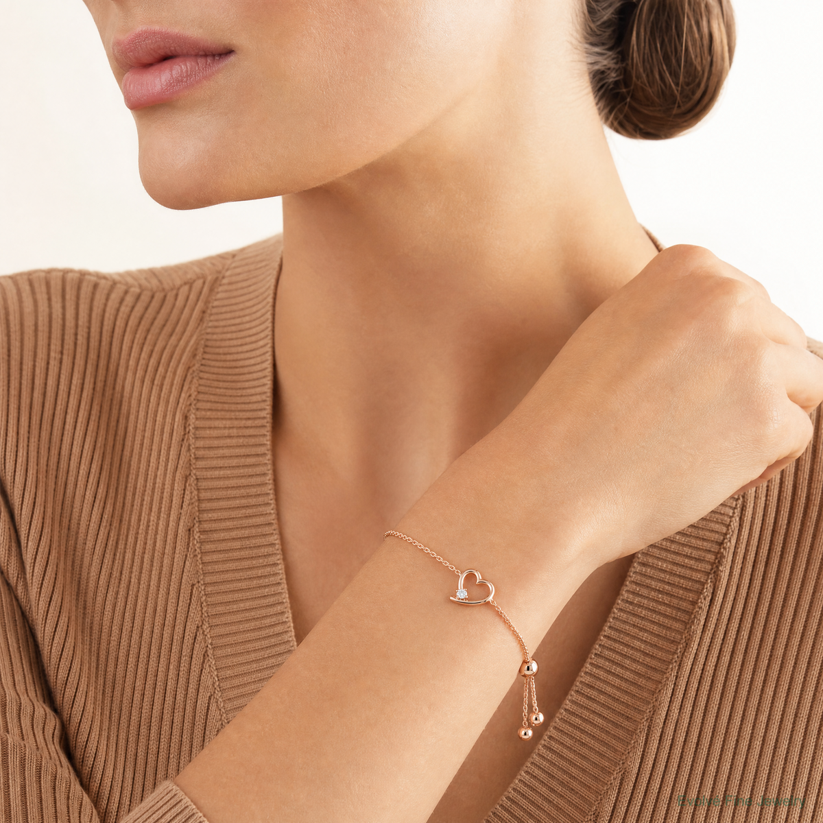 Sterling Silver Rose Gold-plated Open Heart with CZ Adjustable Bracelet - Model Shot