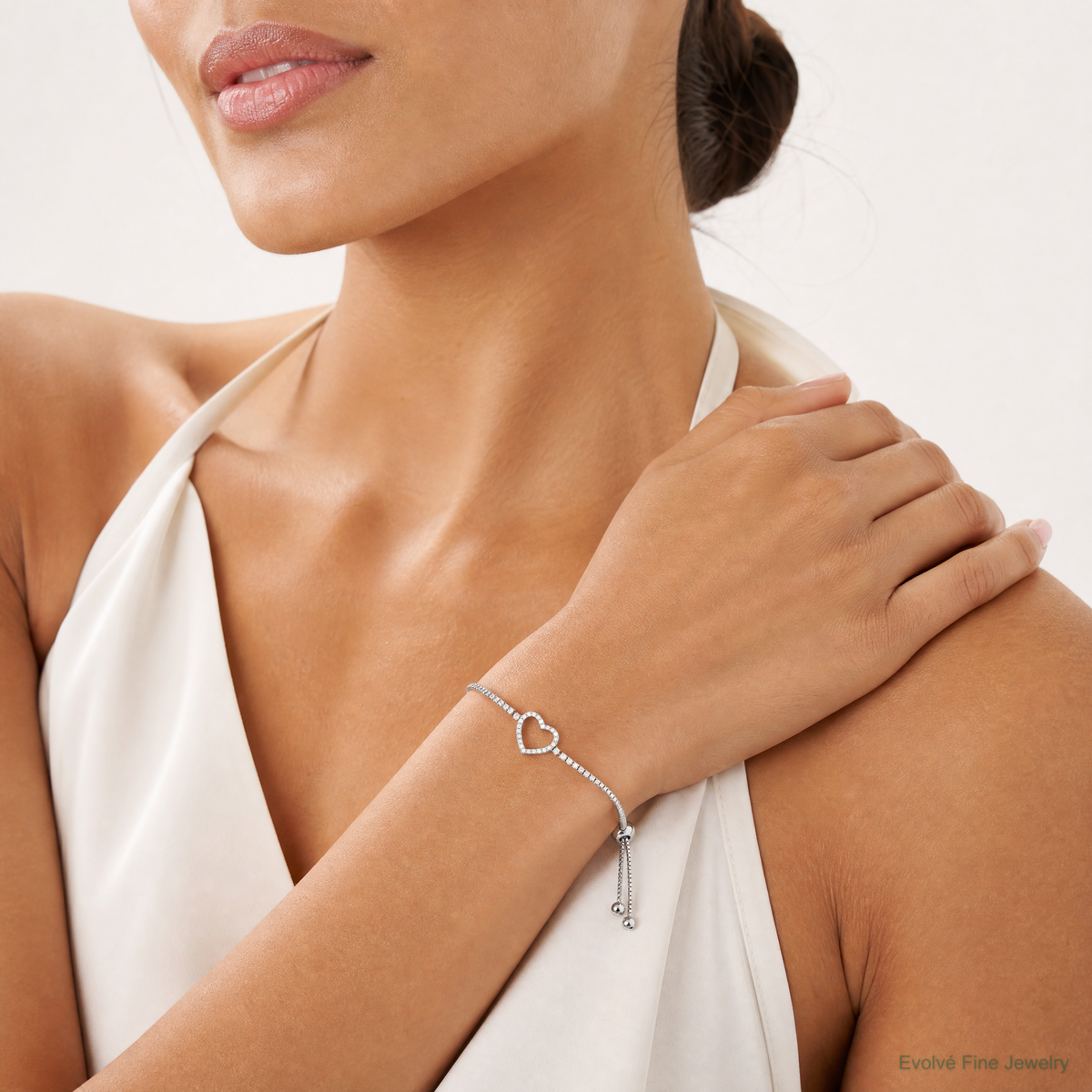 Sterling Silver Rhodium-plated CZ Heart Adjustable Bracelet - Model Shot