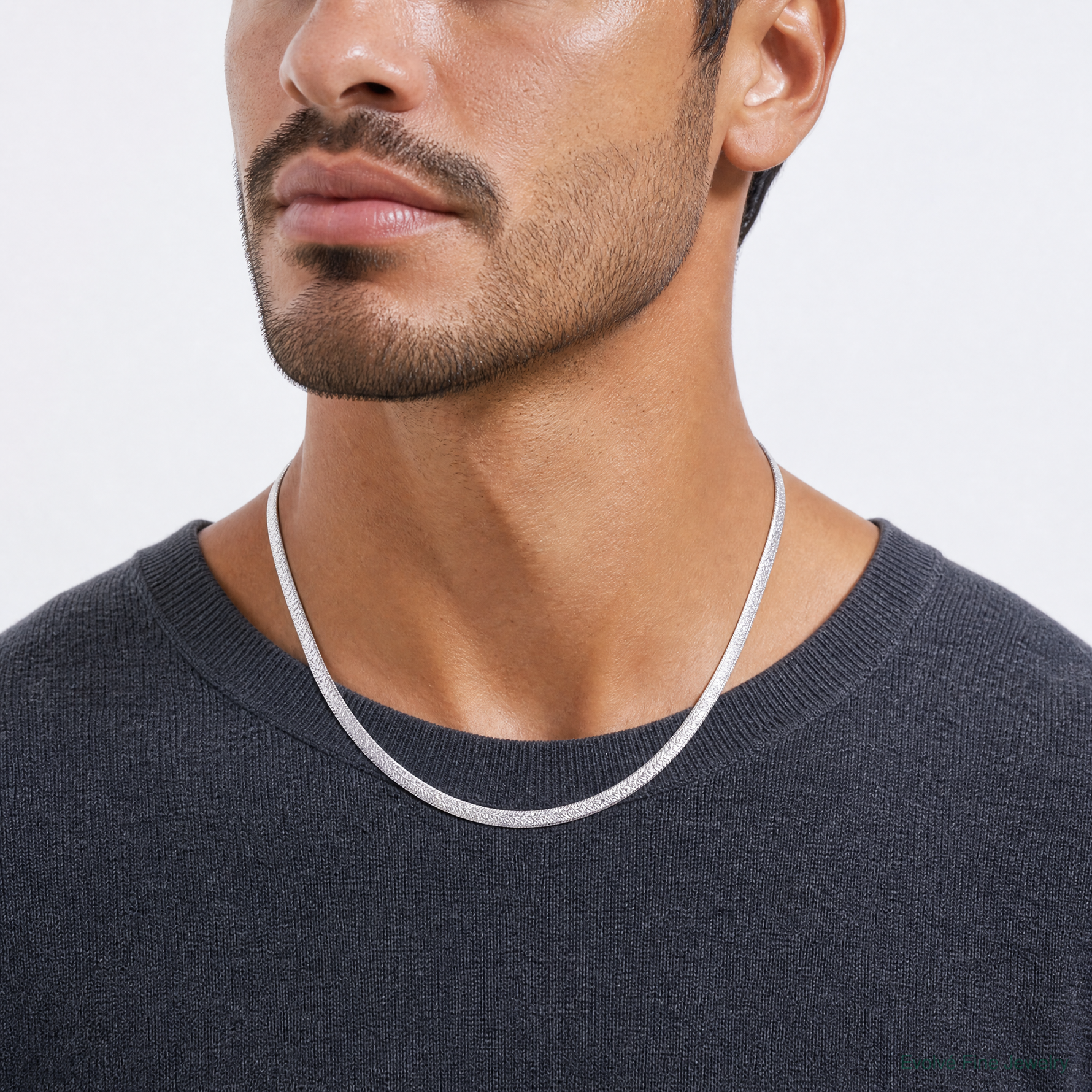 Sterling Silver Polished and Textured 8mm Flat Herringbone 18in Necklace - Model Shot