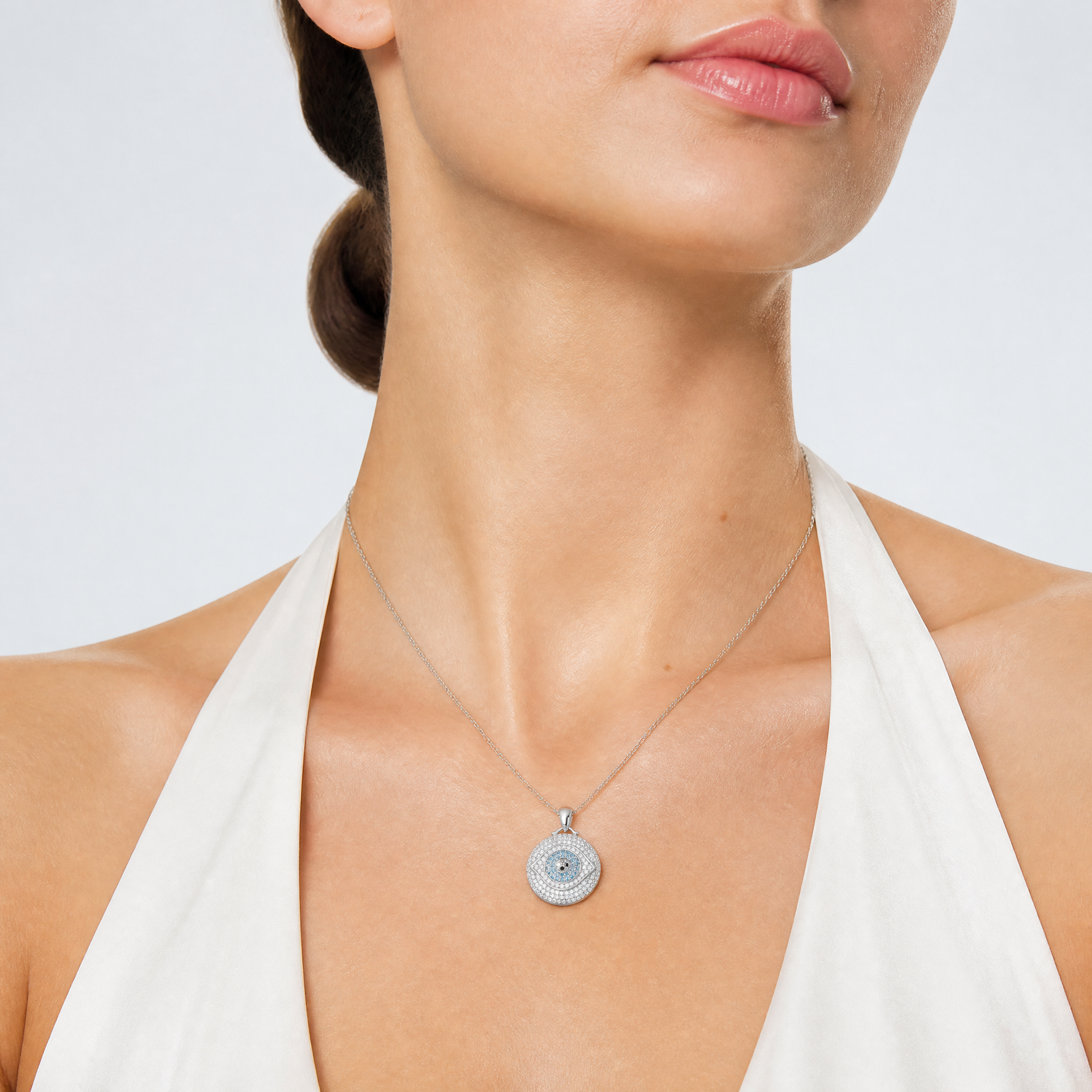 Sterling Silver Rh-plated Created Blue Spinel and CZ Evil Eye 18in Necklace - Model Shot