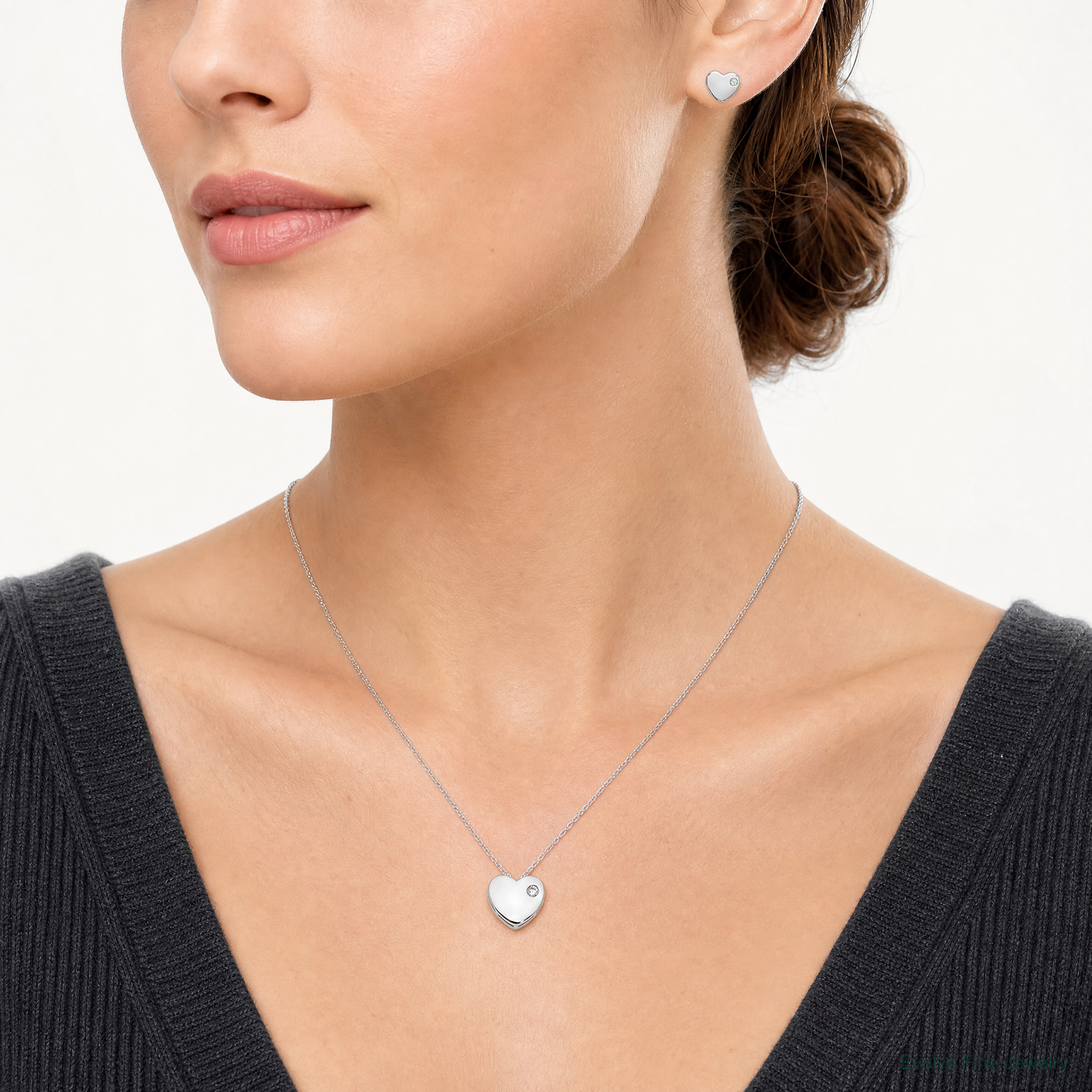 Sterling Silver RH-plated CZ Heart 18in Necklace and Post Earring Set - Model Shot