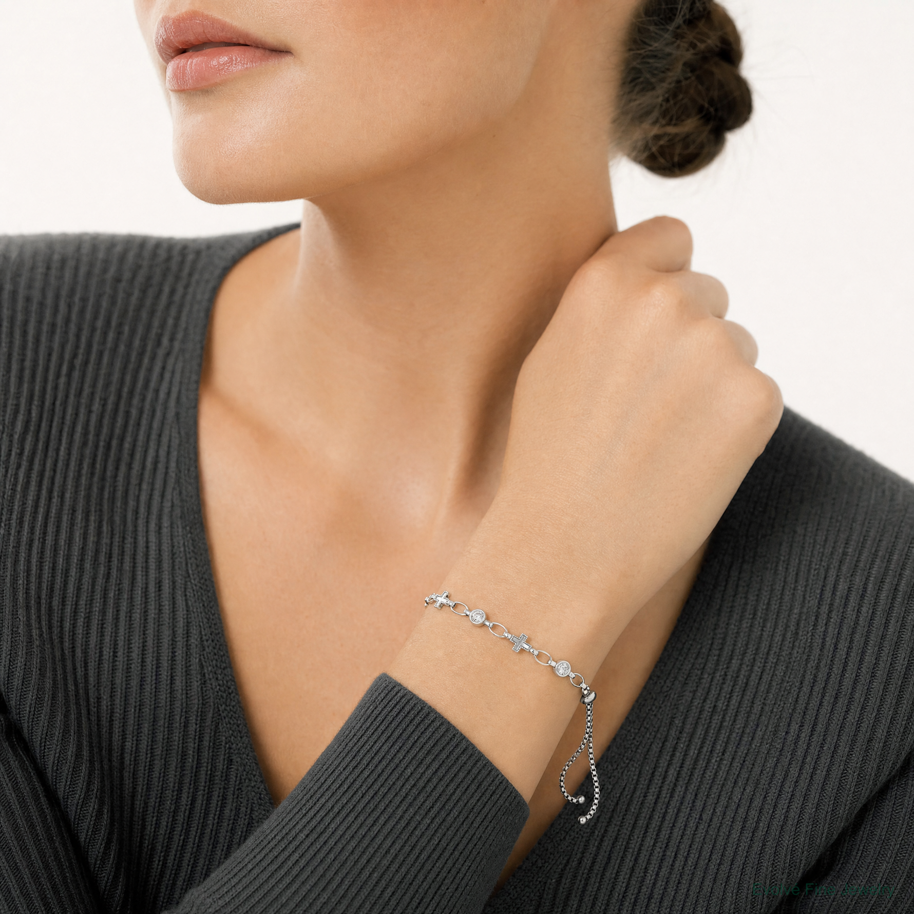 Sterling Silver Rhodium-plated Polished CZ and Cross Bolo Bracelet - Model Shot