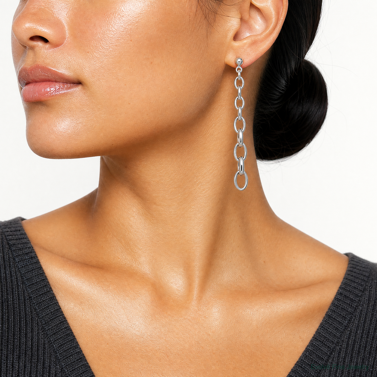 Sterling Silver Polished Graduated Link Post Dangle Earrings - Model Shot