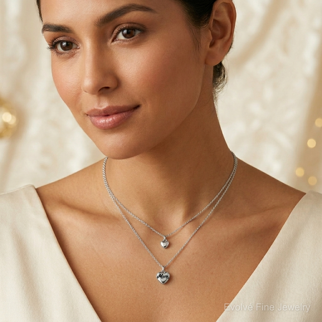 Sterling Silver Rhod-plated 2 Strand Enamel Mom Heart w/1in ext Necklace - Model Shot