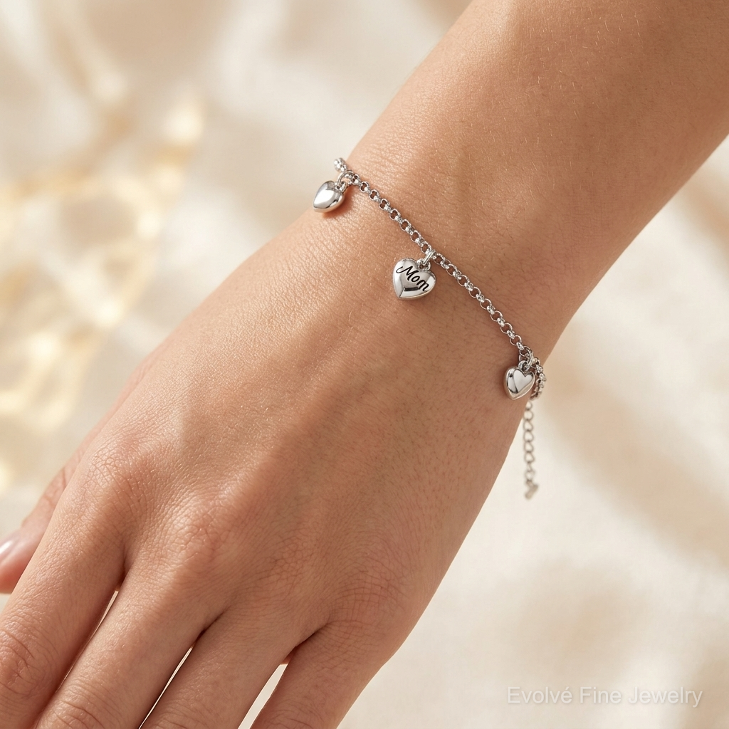 Sterling Silver Rh-plat Heart Enamel Mom Heart 6.5in w/.75in ext Bracelet - Model Shot