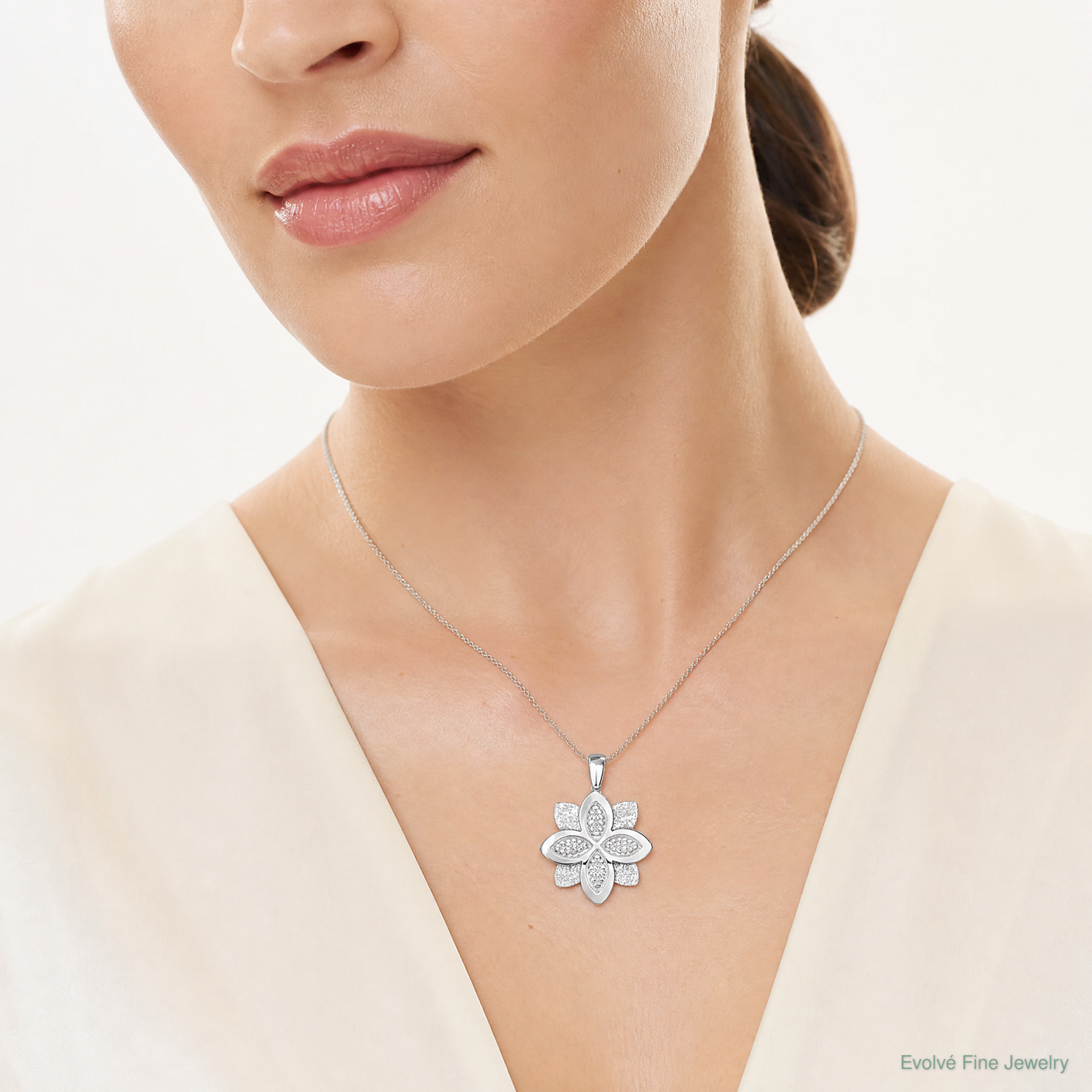 Sterling Silver Rhodium-plated Polished Textured Flower Pendant - Model Shot