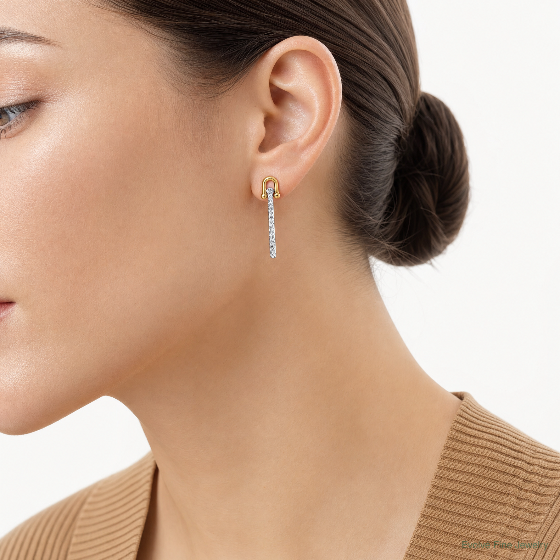 Sterling Silver Gold-tone CZ Polished And Textured Dangle Post Earrings - Model Shot