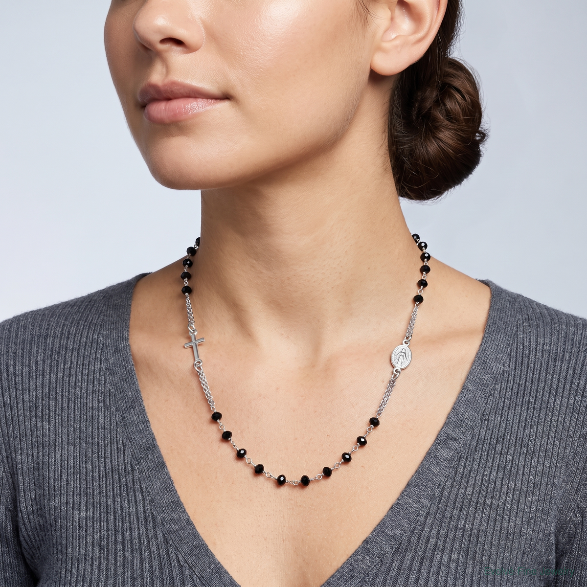 Sterling Silver Rh-plat Blk Crystal  20in w/.5in ext Rosary Themed Necklace - Model Shot