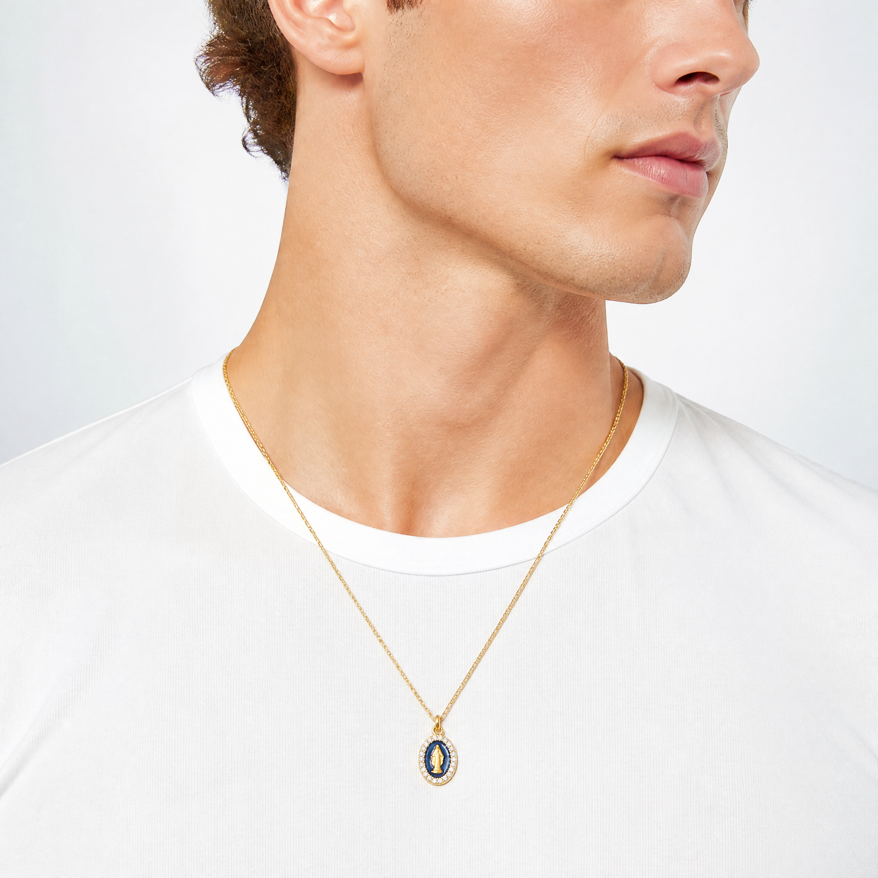 Sterling Silver Gold-plat CZ Enamel Miraculous Medal w/2in ext. Necklace - Model Shot