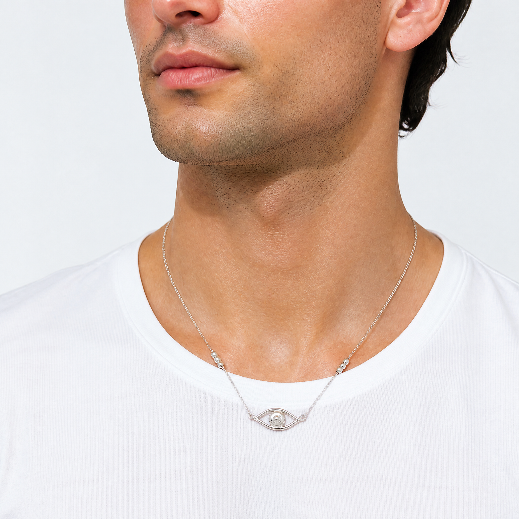 Sterling Silver Polished Evil Eye w/1in Ext Necklace - Model Shot