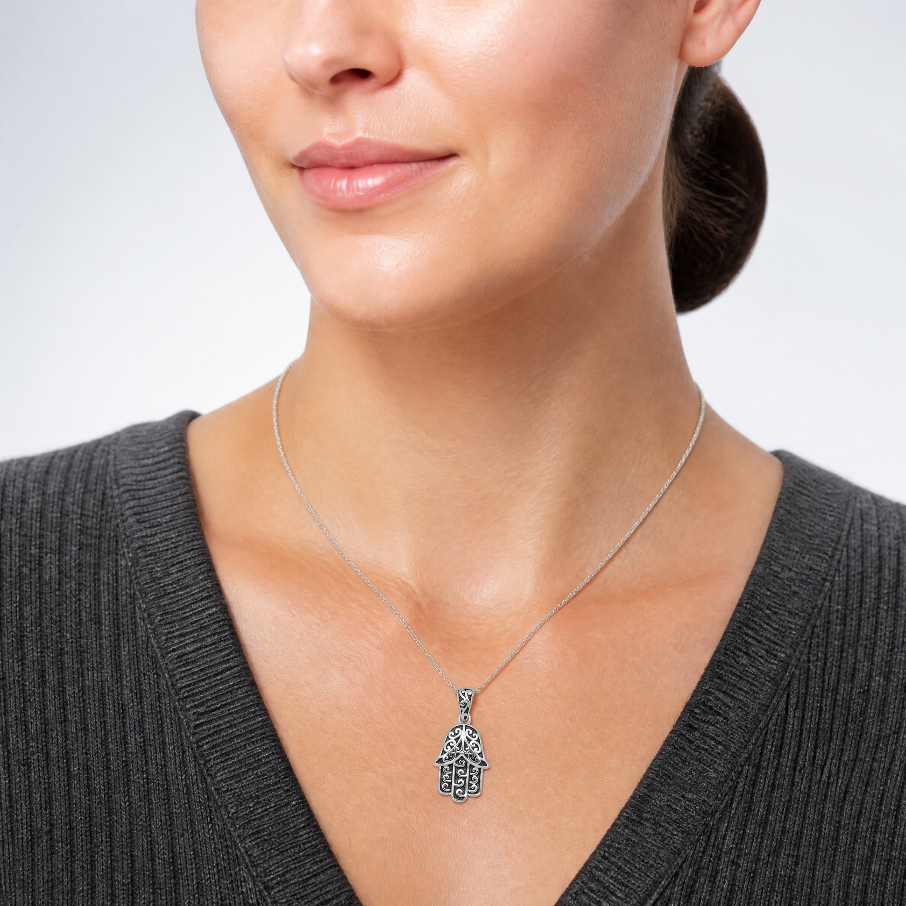 Sterling Silver RH-plated Polished/Oxidized Filigree Hamsa 18 Inch Necklace - Model Shot