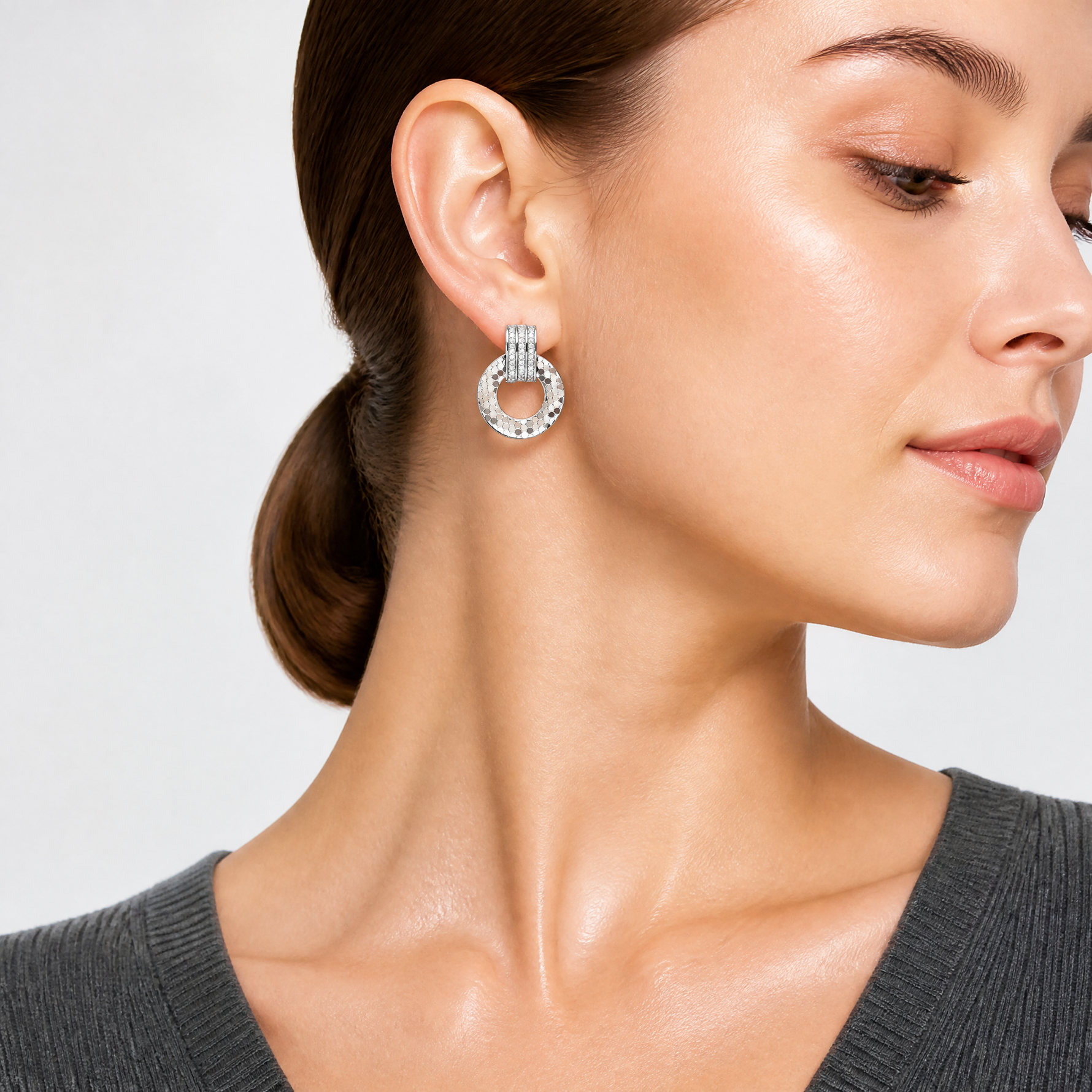 Sterling Silver RH Plated CZ Textured Moveable Circle Dangle Post Earrings - Model Shot