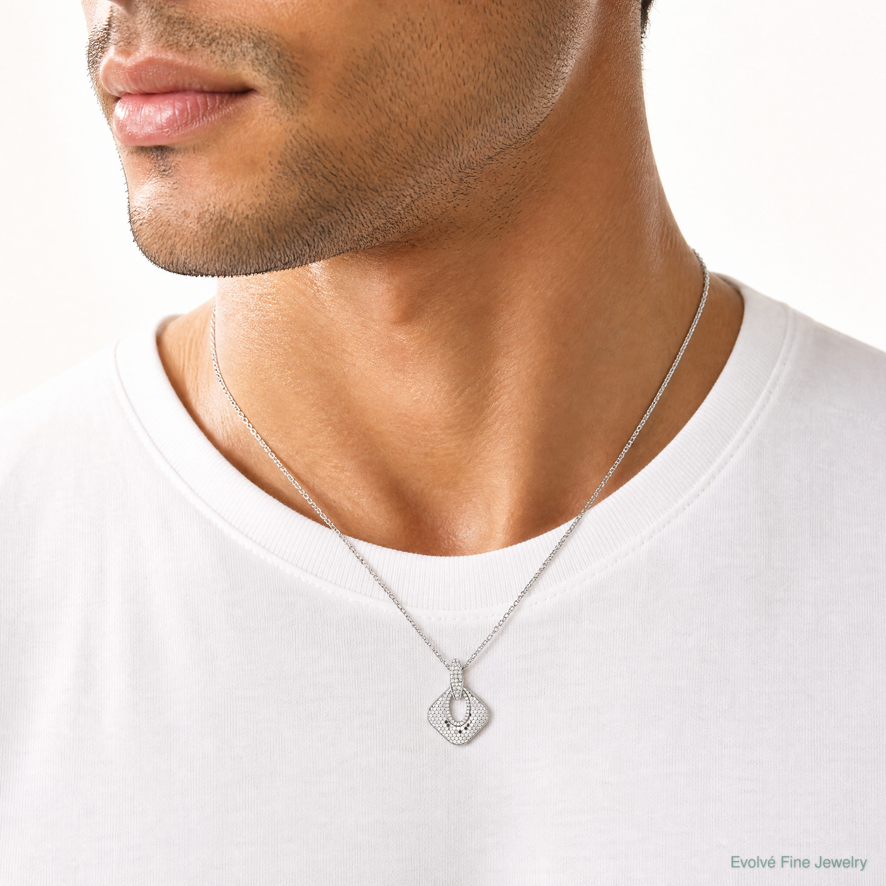 Sterling Silver Rhodium-plated CZ Textured Pendant - Model Shot