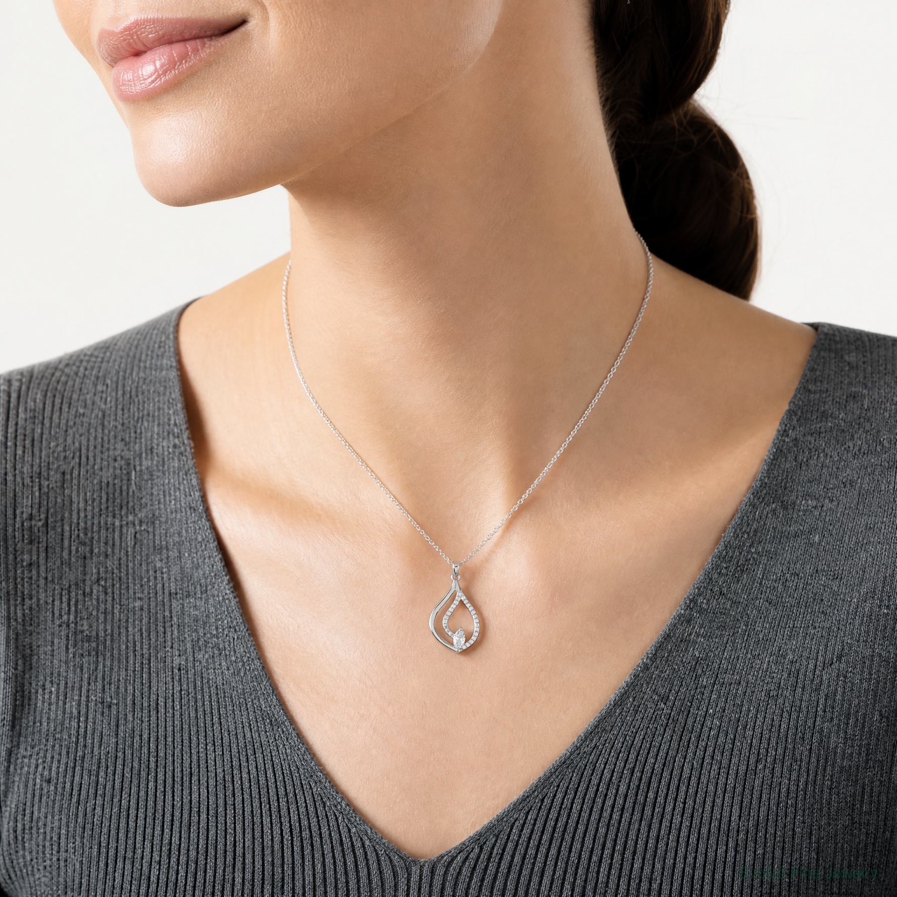 Sterling Silver Rhodium-plated CZ Polished Tear Drop Pendant - Model Shot