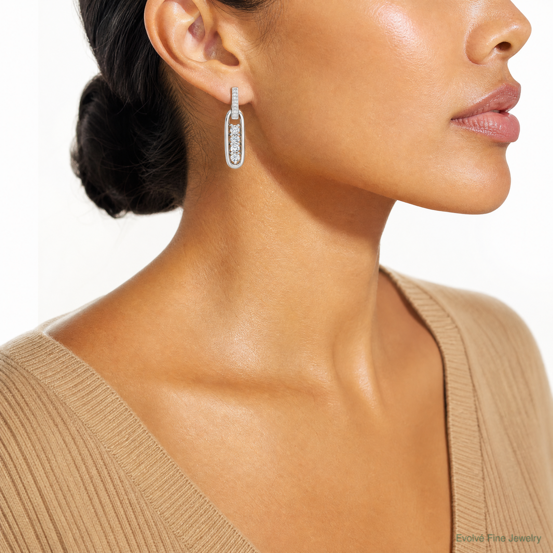 Sterling Silver RH-plated CZ Elongated Oval Post Dangle Earrings - Model Shot