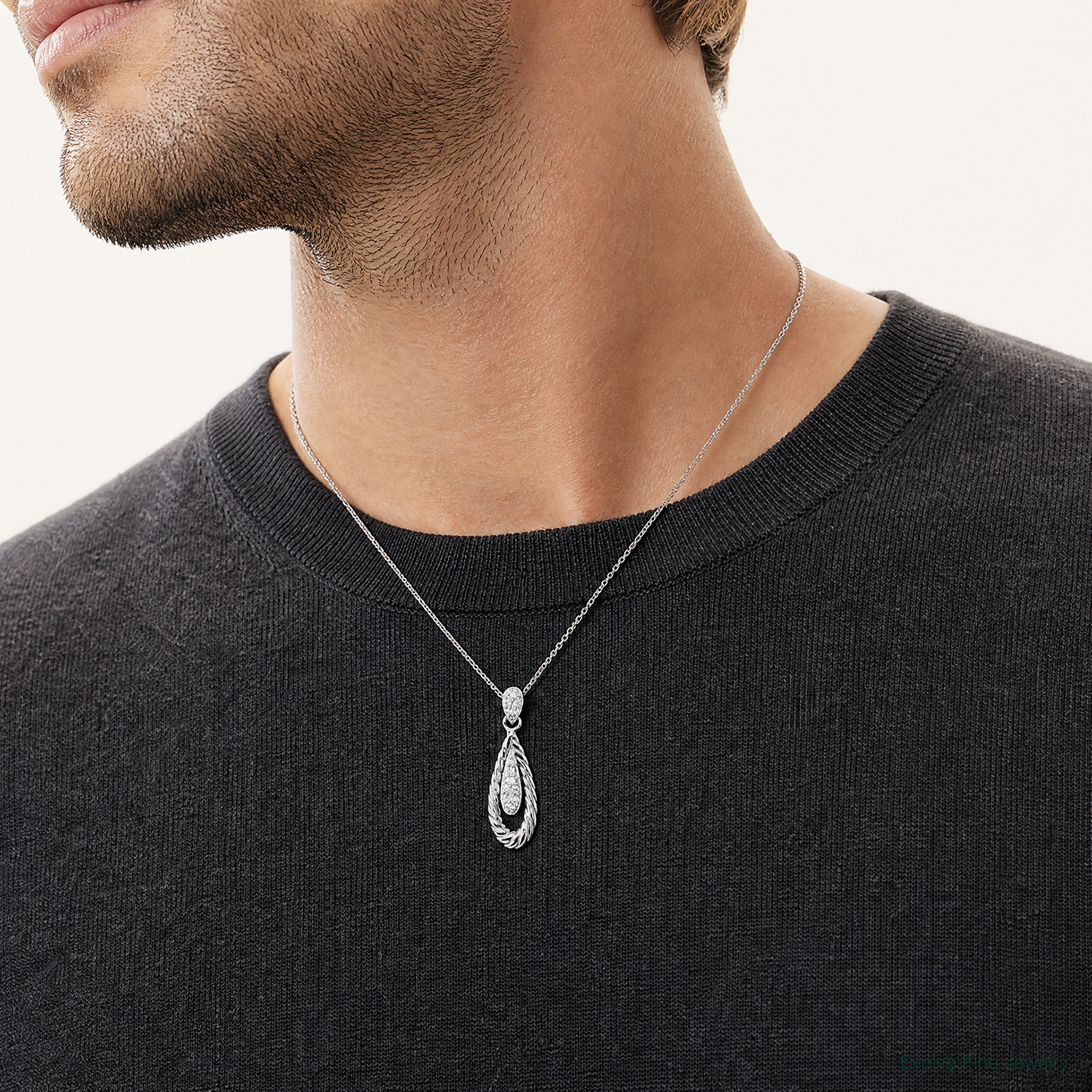 Sterling Silver Rhodium-plated Polished CZ Teardrop Pendant - Model Shot