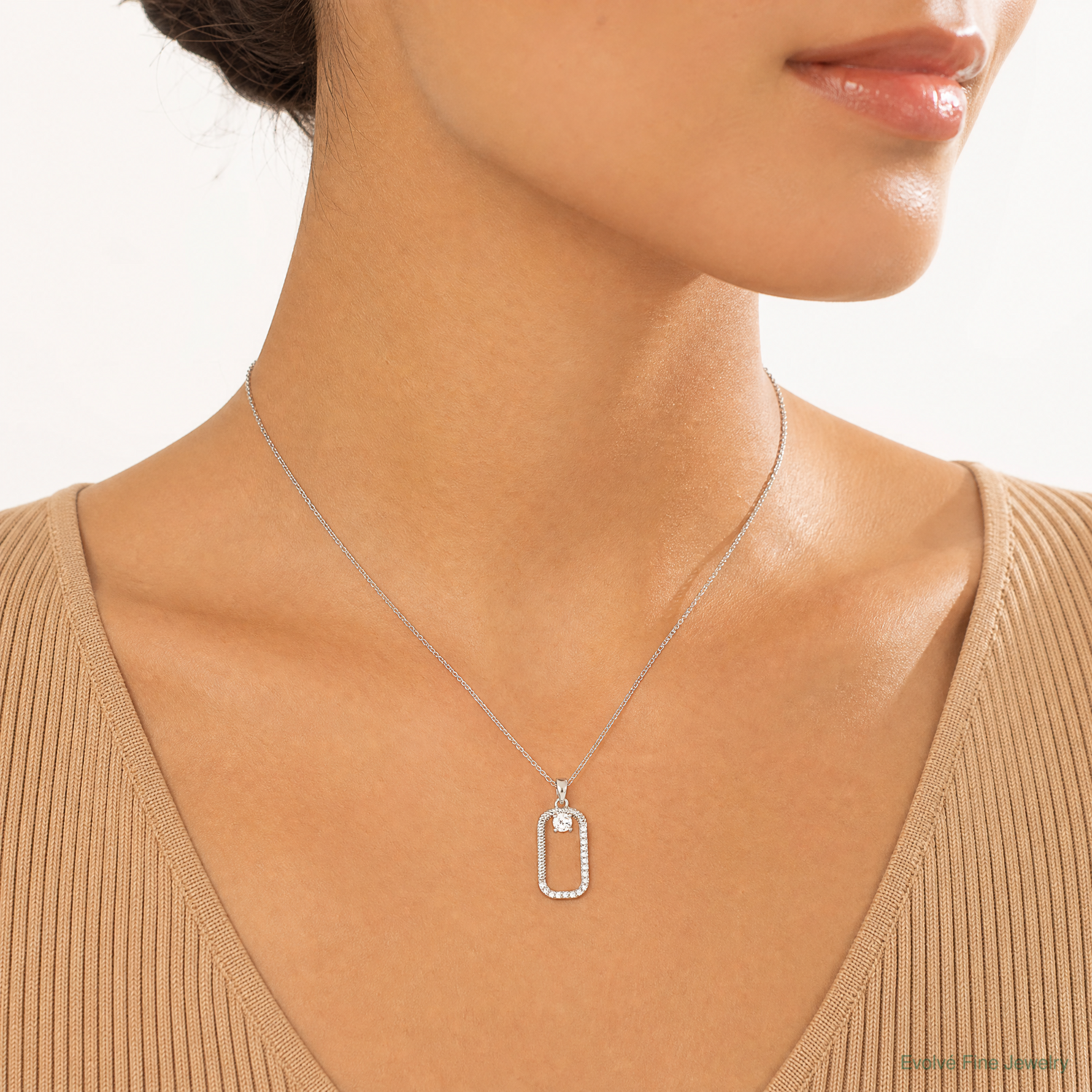 Sterling Silver Rhodium-plated CZ Textured Rectangle Pendant - Model Shot