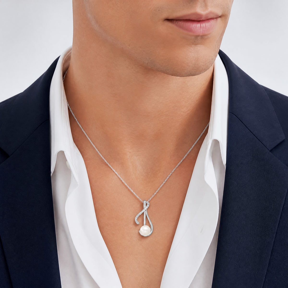 Sterling Silver Rhodium-plated CZ FWC Pearl Swirl Chain Slide Pendant - Model Shot