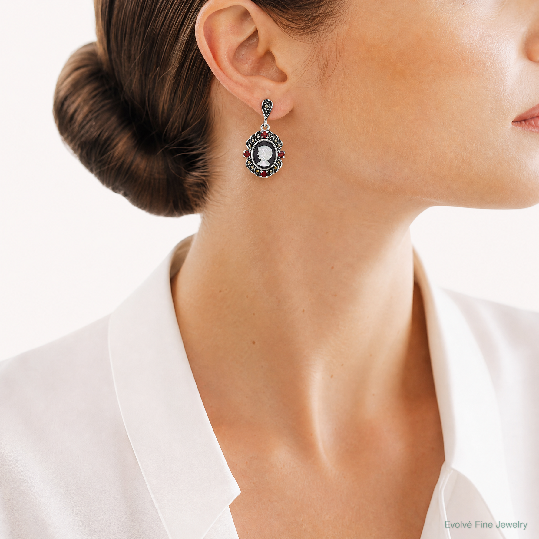 Sterling Silver Antiqued Marcasite Garnet Blk Agate and MOP Cameo Earrings - Model Shot