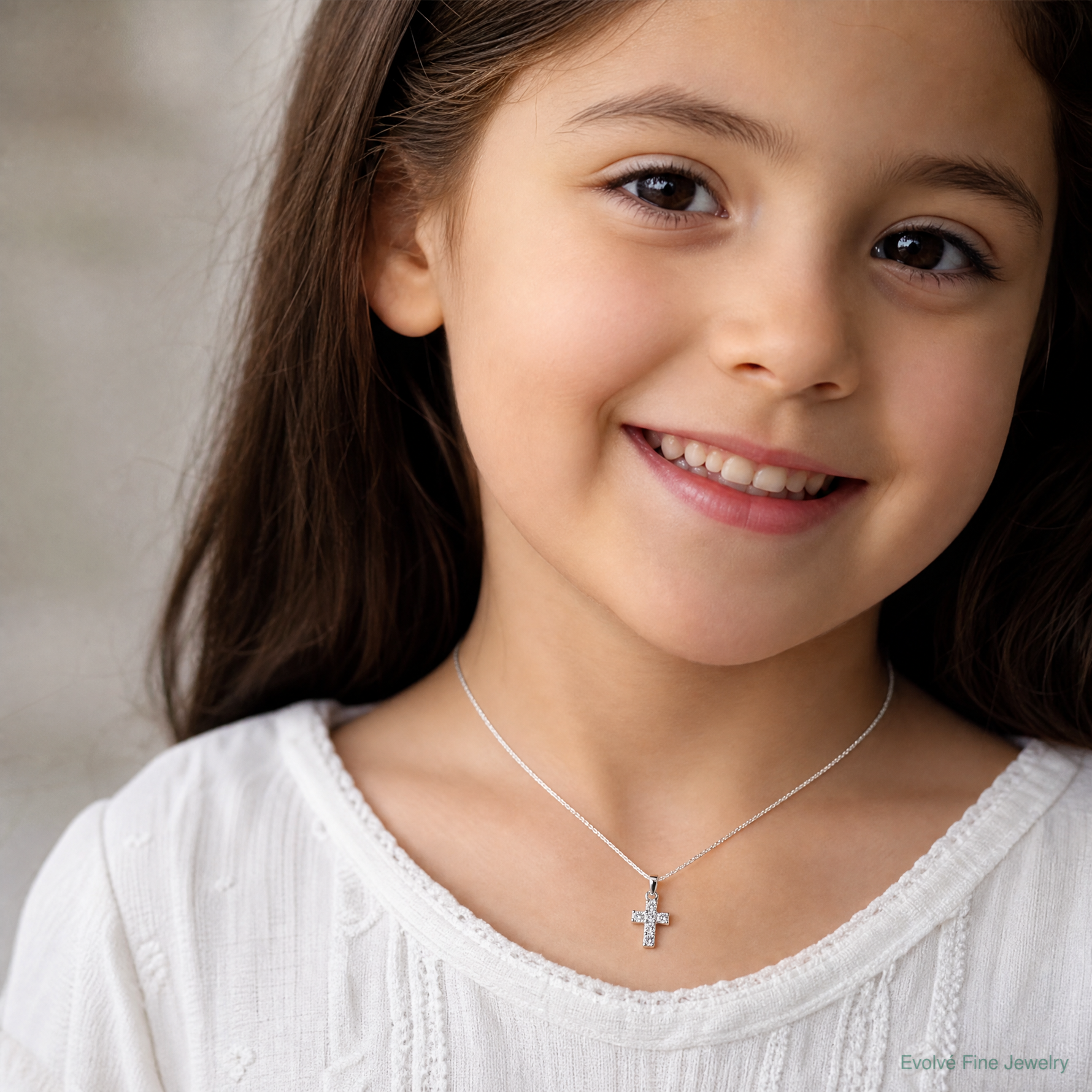 Sterling Silver Rhodium-plated Children's CZ Cross Pendant - Model Shot