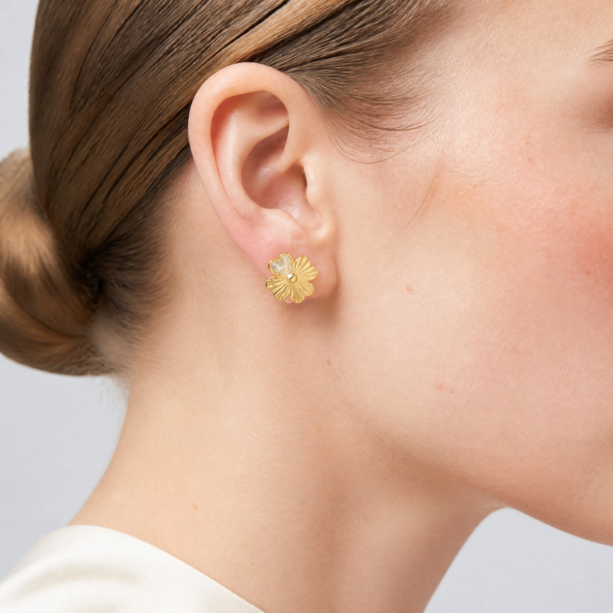 Sterling Silver Gold-tone Polished Enamel Lucky Clover Post Earrings - Model Shot