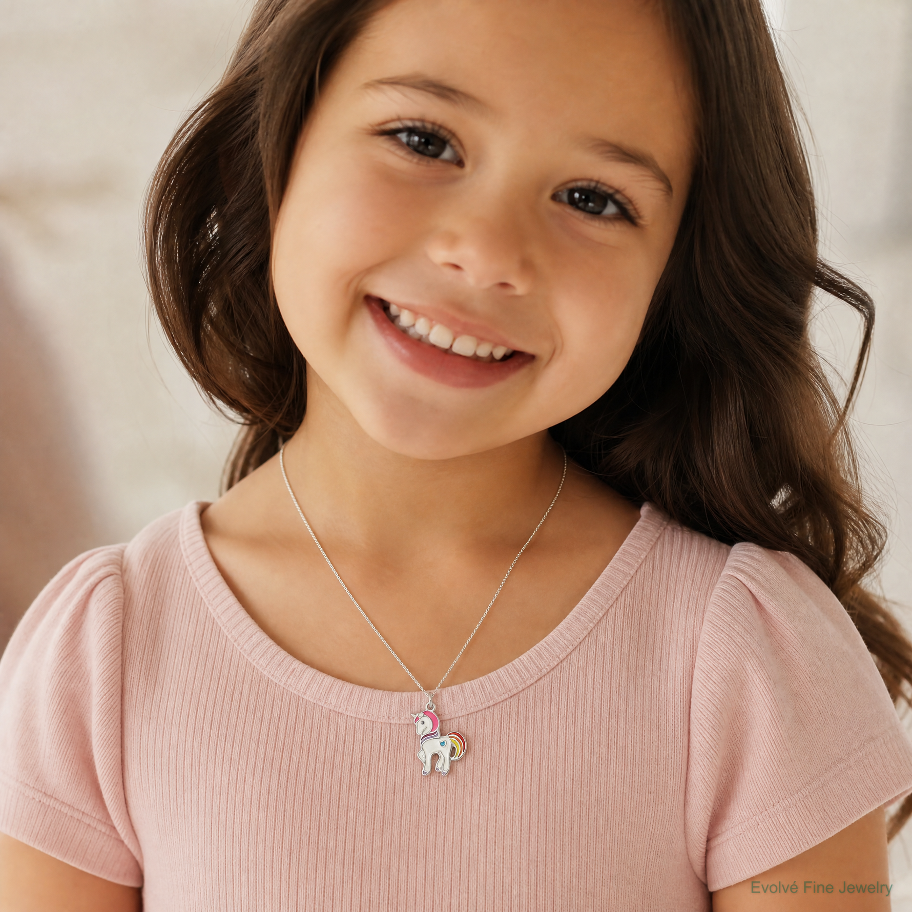 Sterling Silver Polished Enameled Unicorn Children's Necklace - Model Shot
