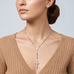 Sterling Silver Polished Beaded Rosary 30 inch Necklace - Model Shot