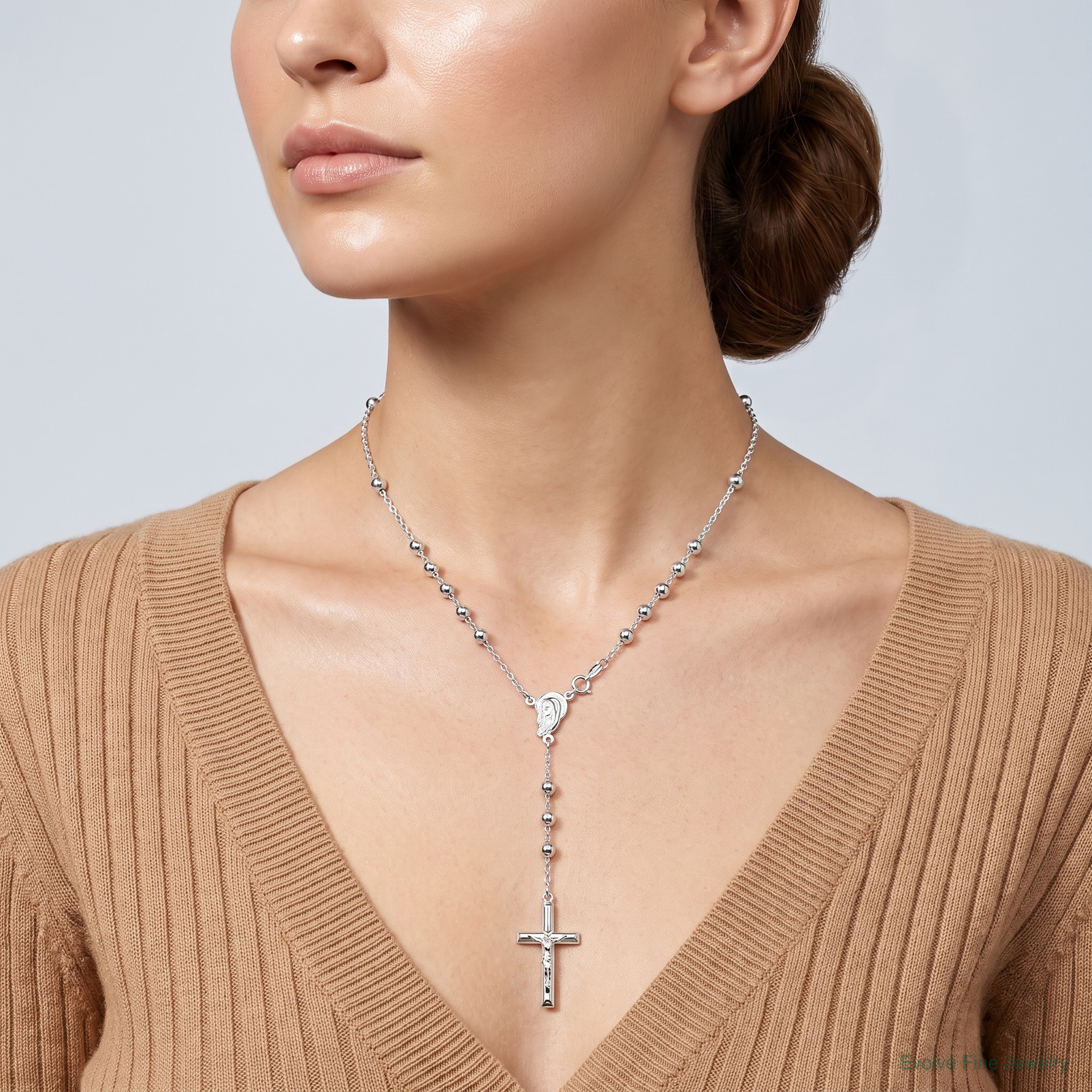 Sterling Silver Polished Beaded Rosary 30 inch Necklace - Model Shot