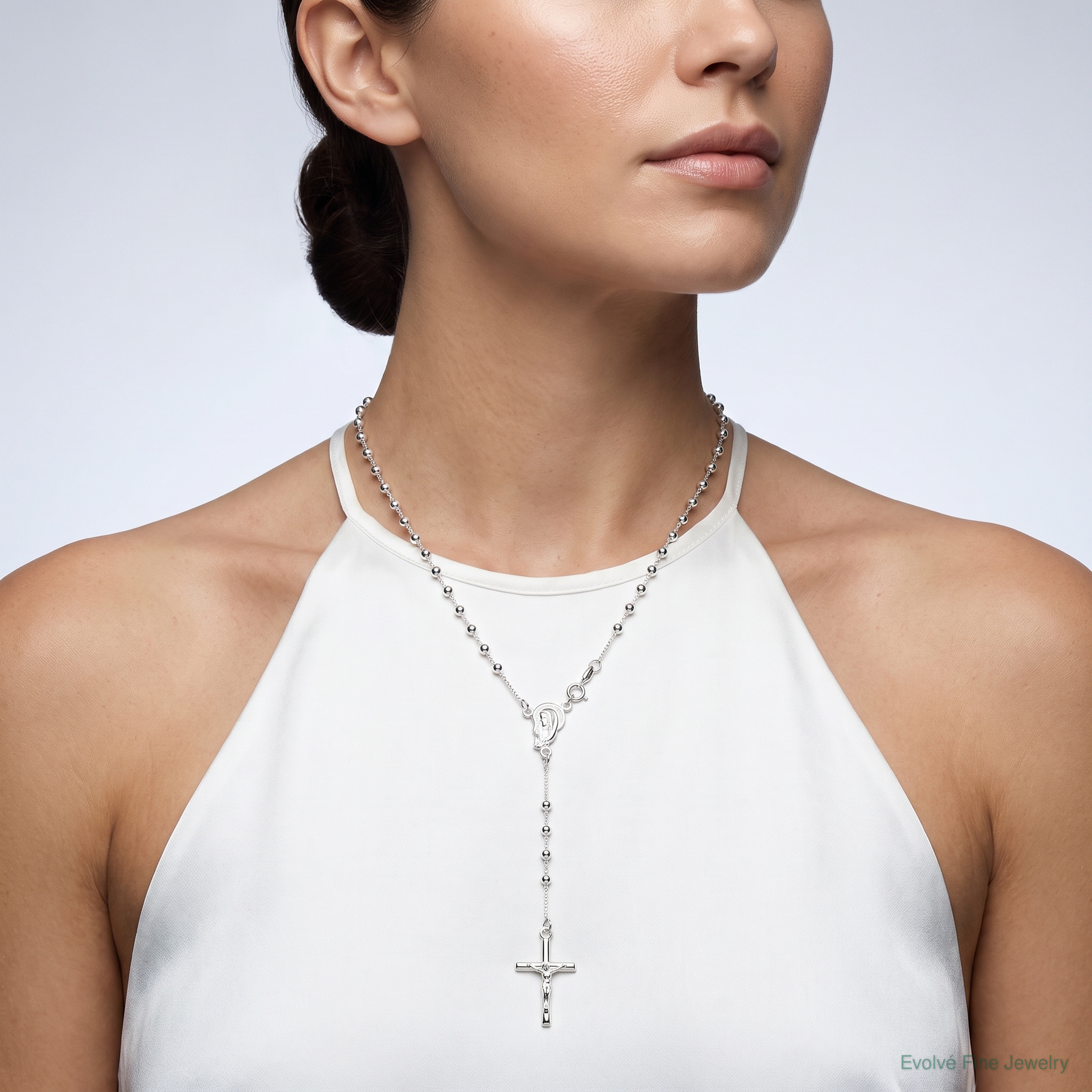 Sterling Silver Polished Bead Rosary 18 inch Necklace - Model Shot