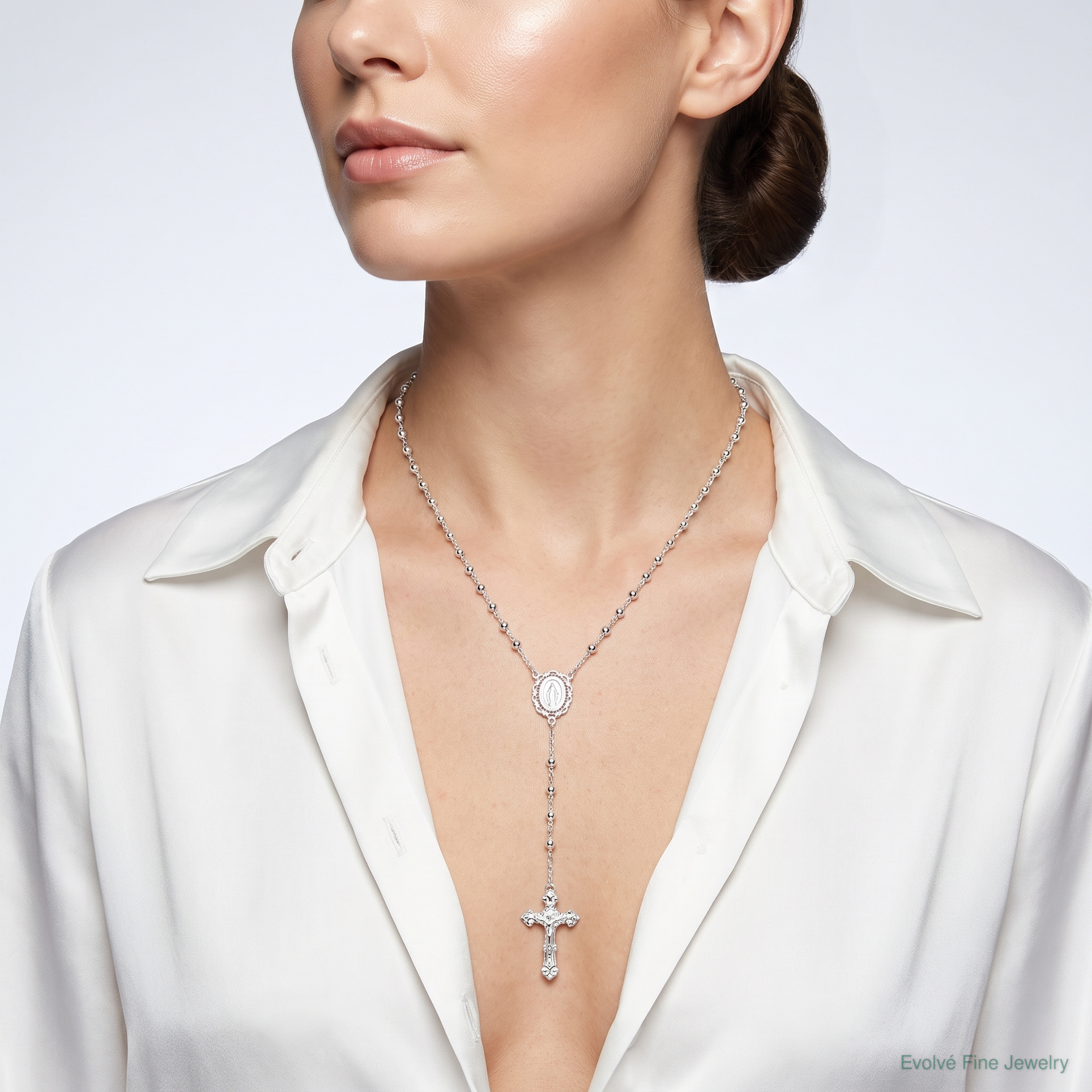 Sterling Silver Polished Rosary Necklace - Model Shot