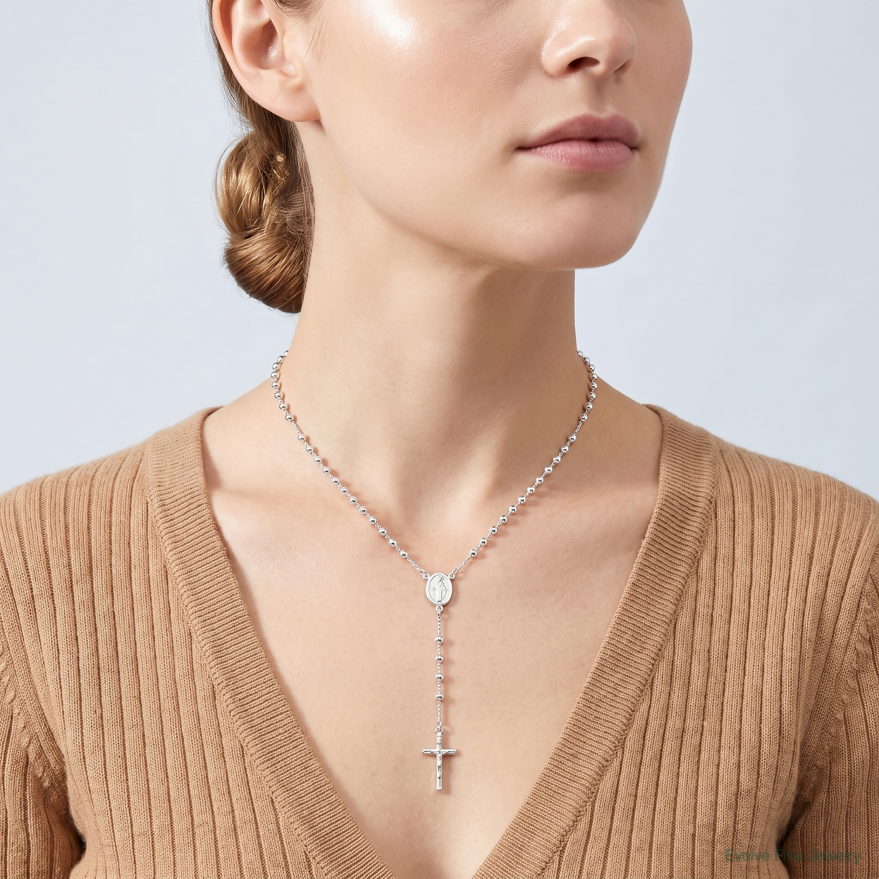 Sterling Silver Polished Bead Rosary 21 inch Necklace - Model Shot
