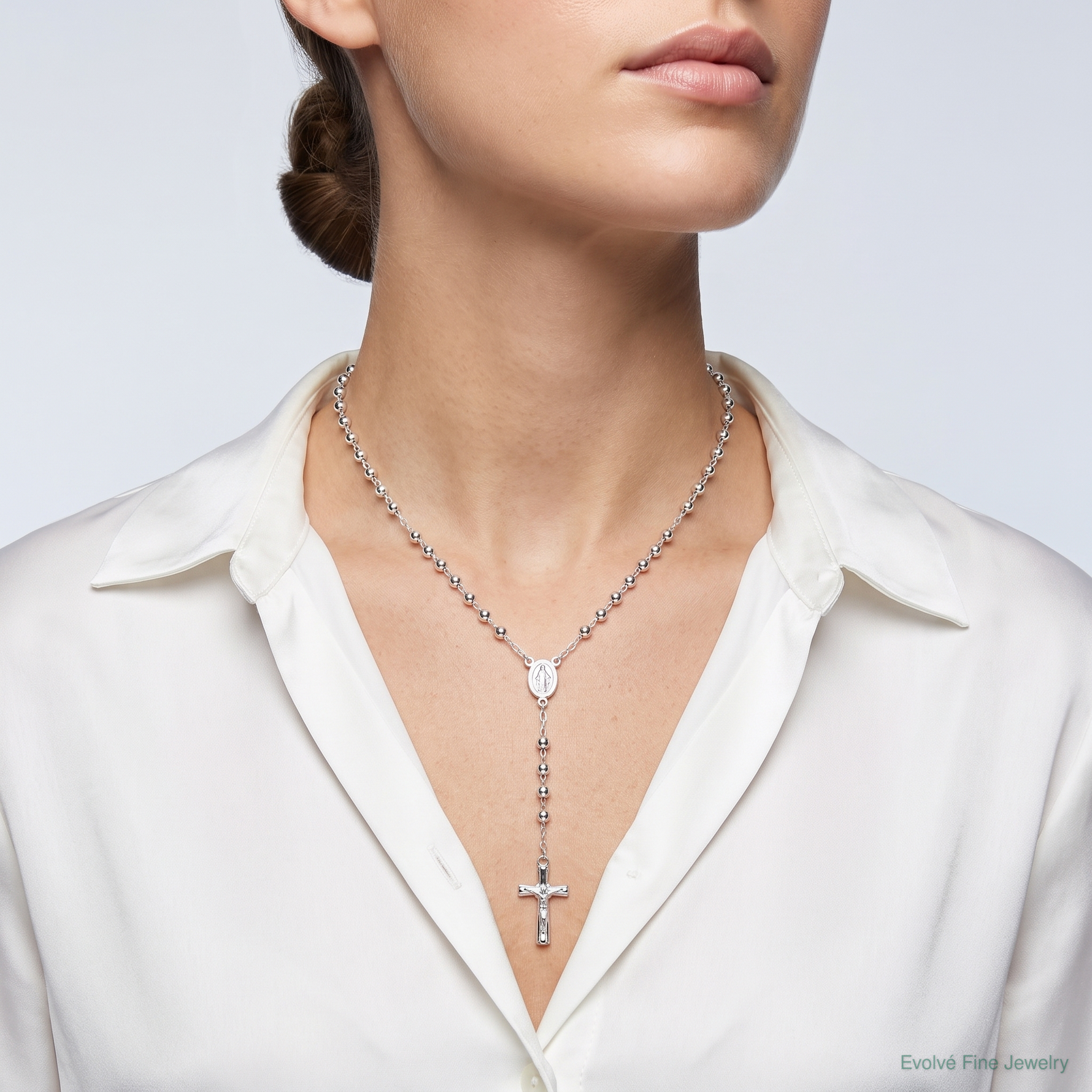 Sterling Silver Polished Rosary 26 inch Necklace - Model Shot