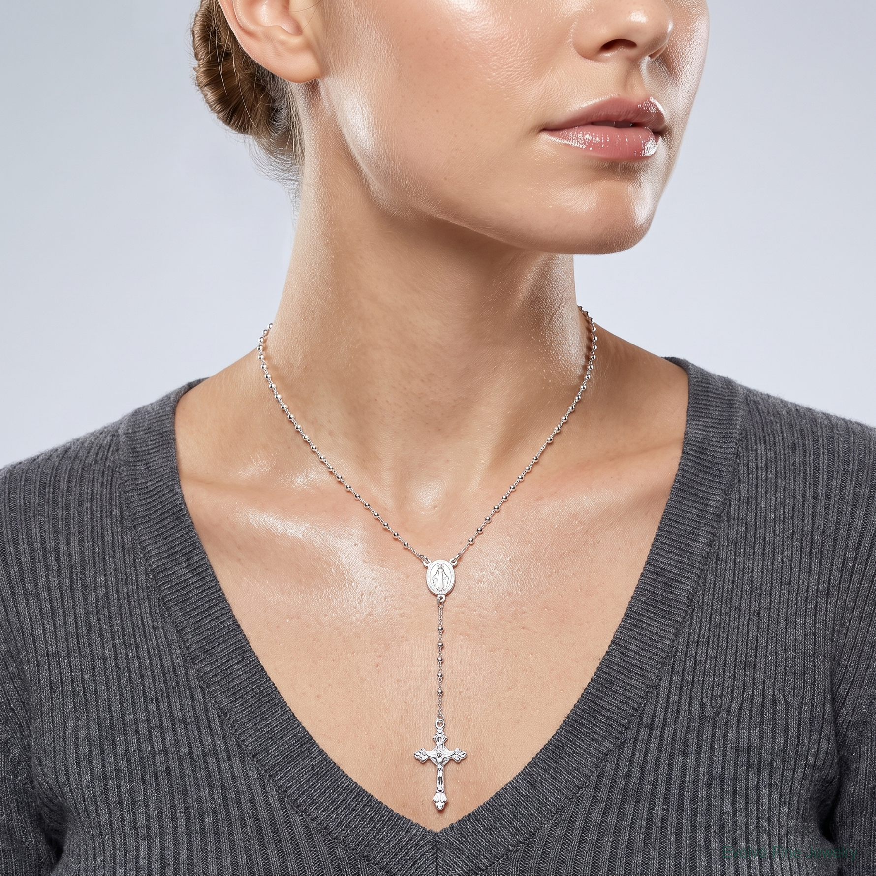 Sterling Silver Polished Rosary 18 inch Necklace - Model Shot
