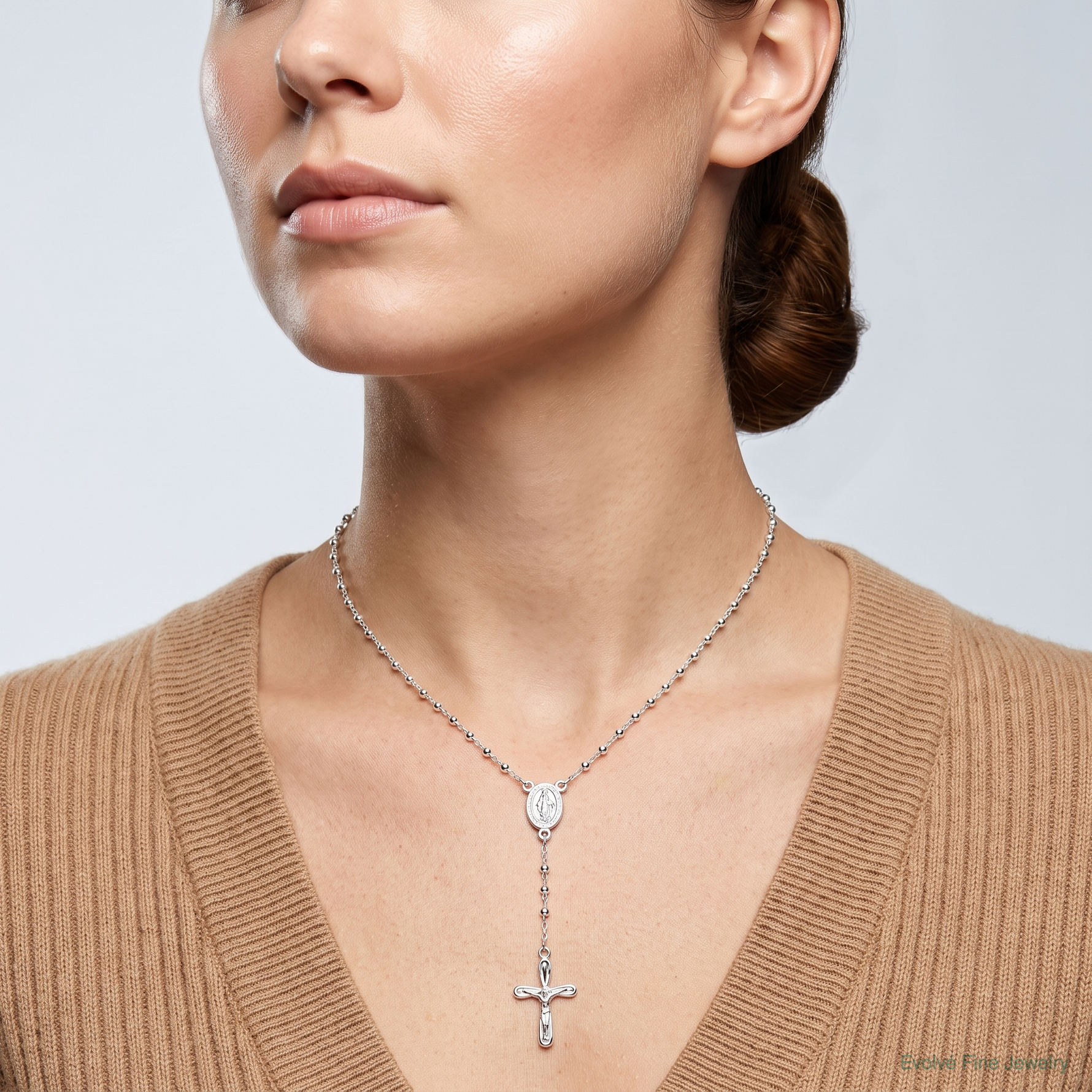Sterling Silver Polished Crucifix Rosary 18 inch Necklace - Model Shot